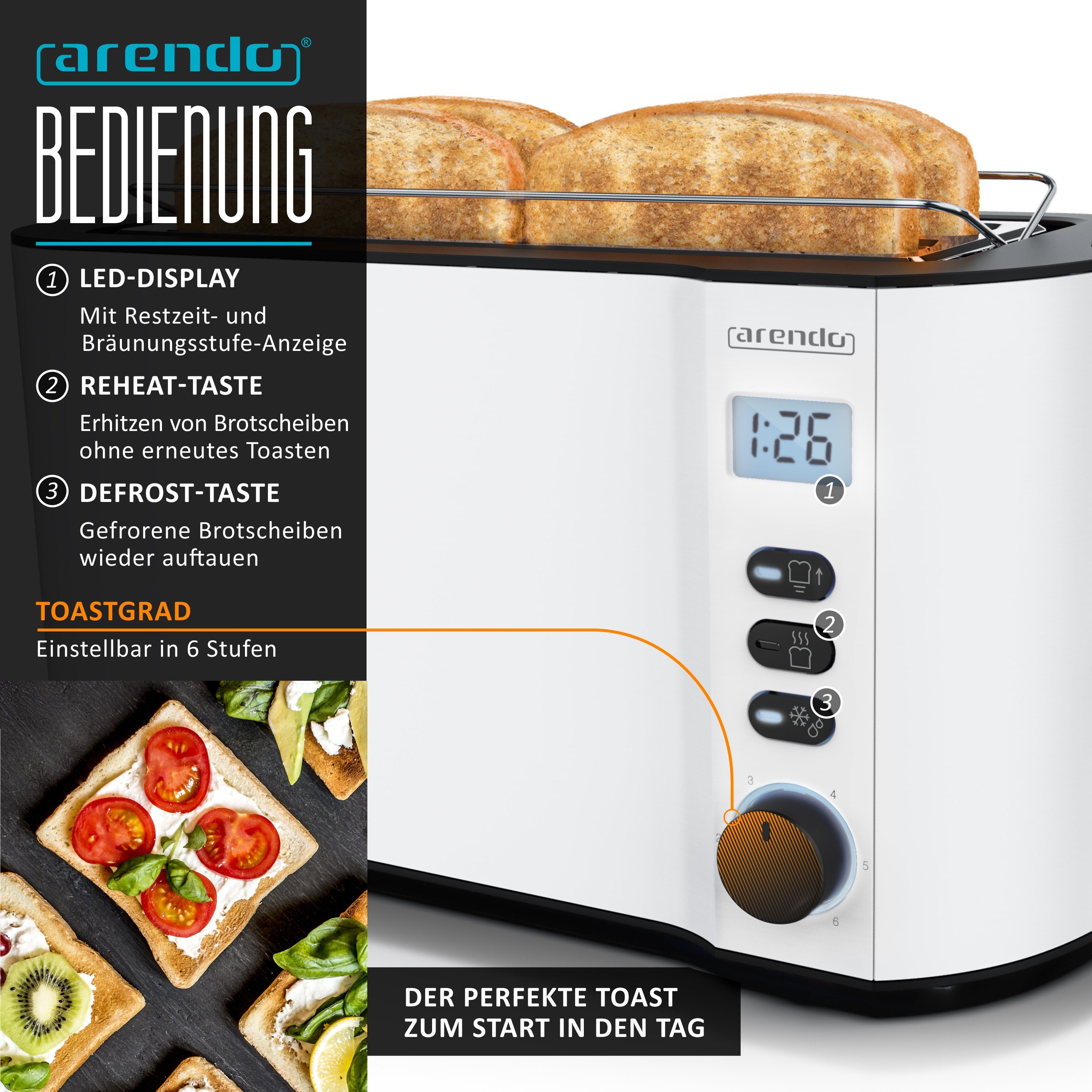 Arendo Frühstücks-Set (2-tlg), Edelstahl Wasserkocher 1,5l, 4-Scheiben Langschlitz Toaster, Weiß Matt