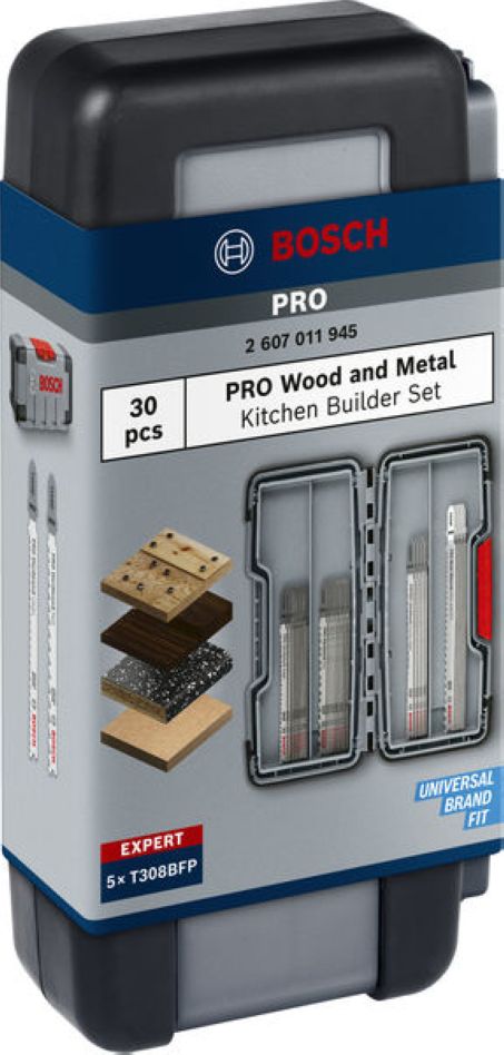 Accessoires Bosch Bleus 2607011945 PRO Jeu de lames de scie sauteuse Kitchen Builder dans une boîte Toughbox 30 pièces