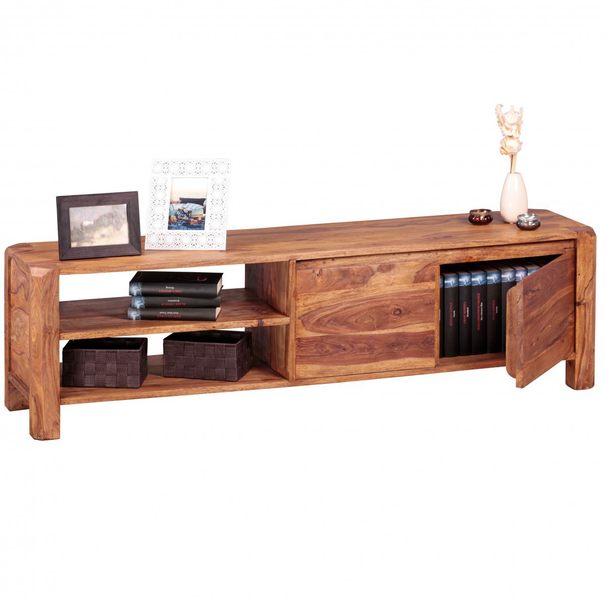 Wohnling Lowboard Massivholz Sheesham Kommode 140 cm TV-Board Ablage-Fächer Landhaus-Stil Unterschrank 40 cm TV-Möbel
