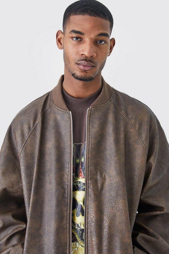 Tall Oversize Vintage PU Raglan Bomberjacke