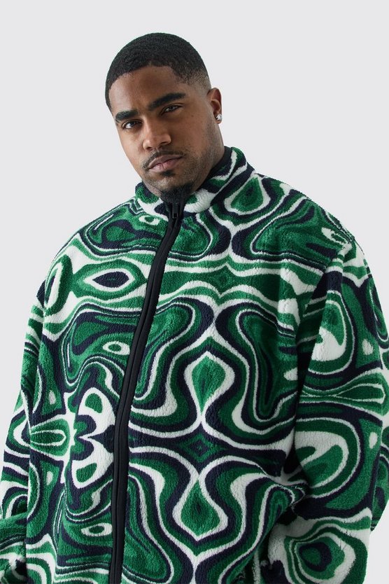 Plus Oversized Abstract Print Borg Funnel Neck Jacket