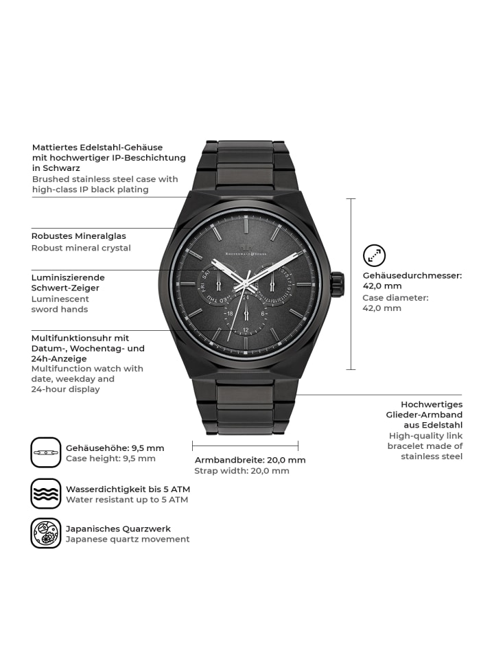 Rhodenwald & Söhne Herren Multifunktionsuhr schwarz Edelstahl schwarz in schwarz günstig kaufen 20 cm