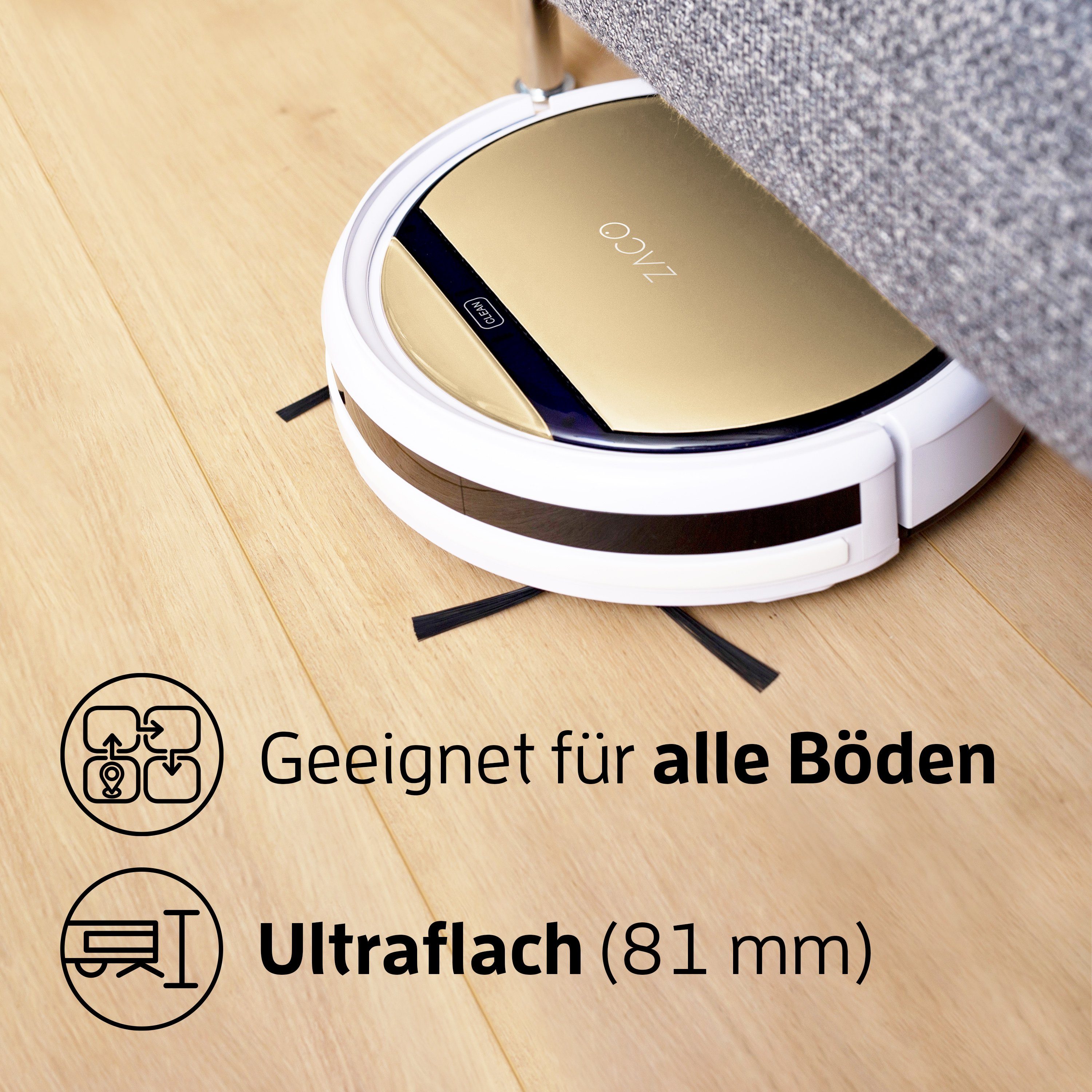 ZACO Nass-Trocken-Saugroboter V5sPro, 22 W, beutellos, Wischfunktion, Fallschutz, Haustiere und Allergiker geeignet, leise