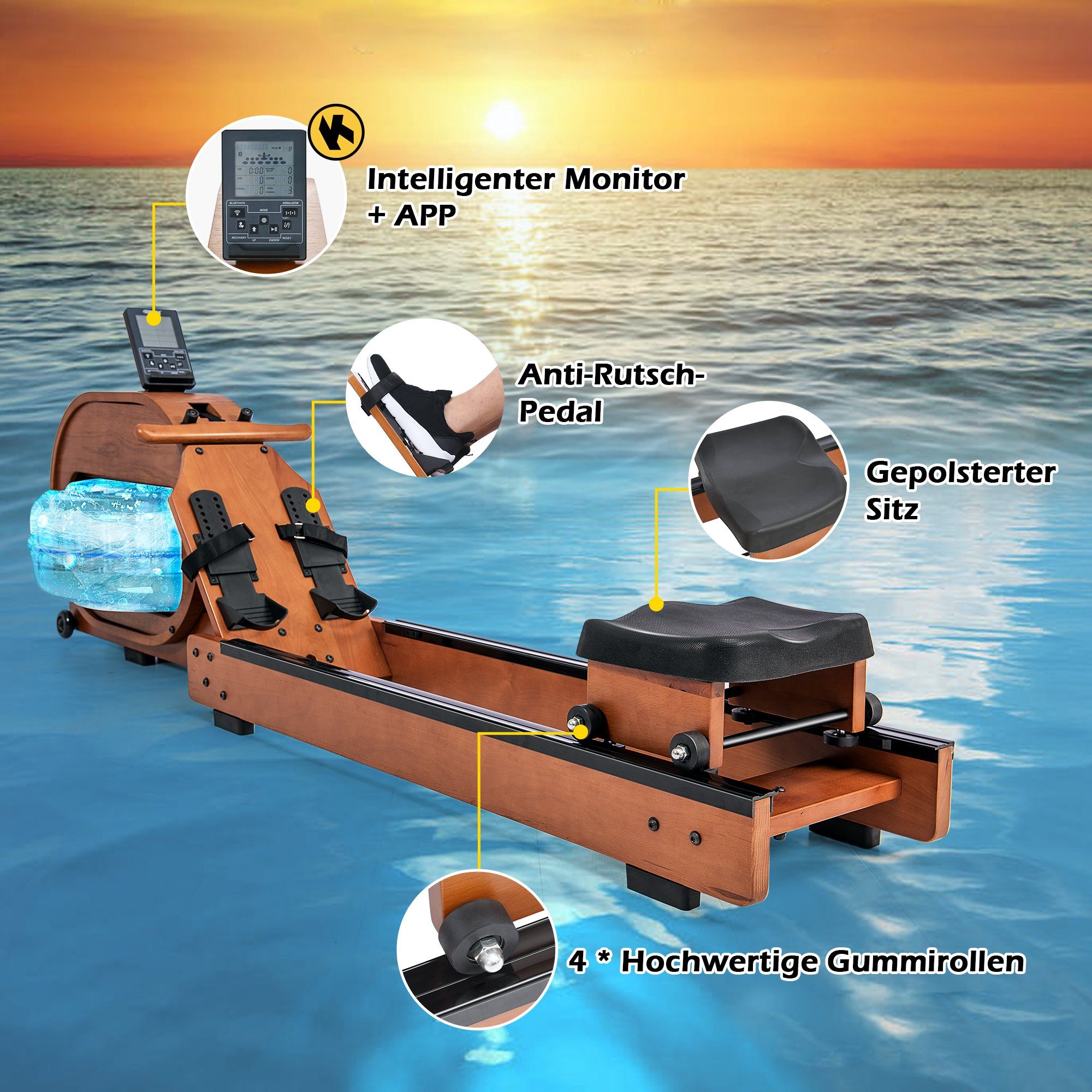 REDOM Rudergerät Wasser Rudergerät mit Wassertank LCD-Display Kinomap App für Zuhause (Rudermaschine, Ruderzugmaschine)