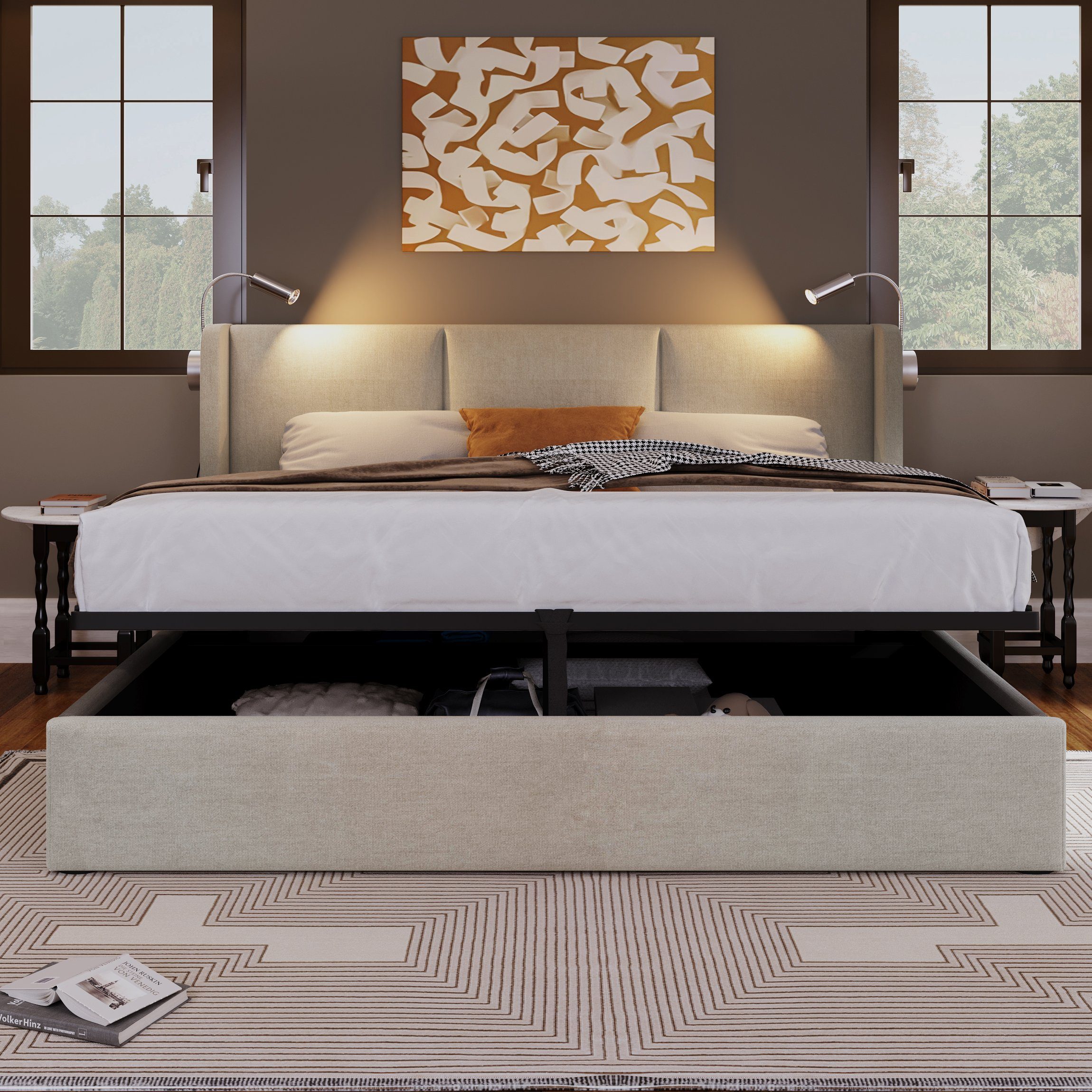 Ulife Polsterbett Beige Doppelbett Hydraulisches Stauraumbett Leinen 140x200, 160x200cm, Leselicht mit USB Ladefunktion Kopfteil
