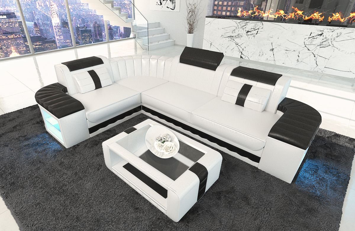 Sofa Dreams Ecksofa Ledercouch Ledersofa Bergamo L Form Leder Sofa, Couch, mit LED, wahlweise mit Bettfunktion als Schlafsofa, Designersofa