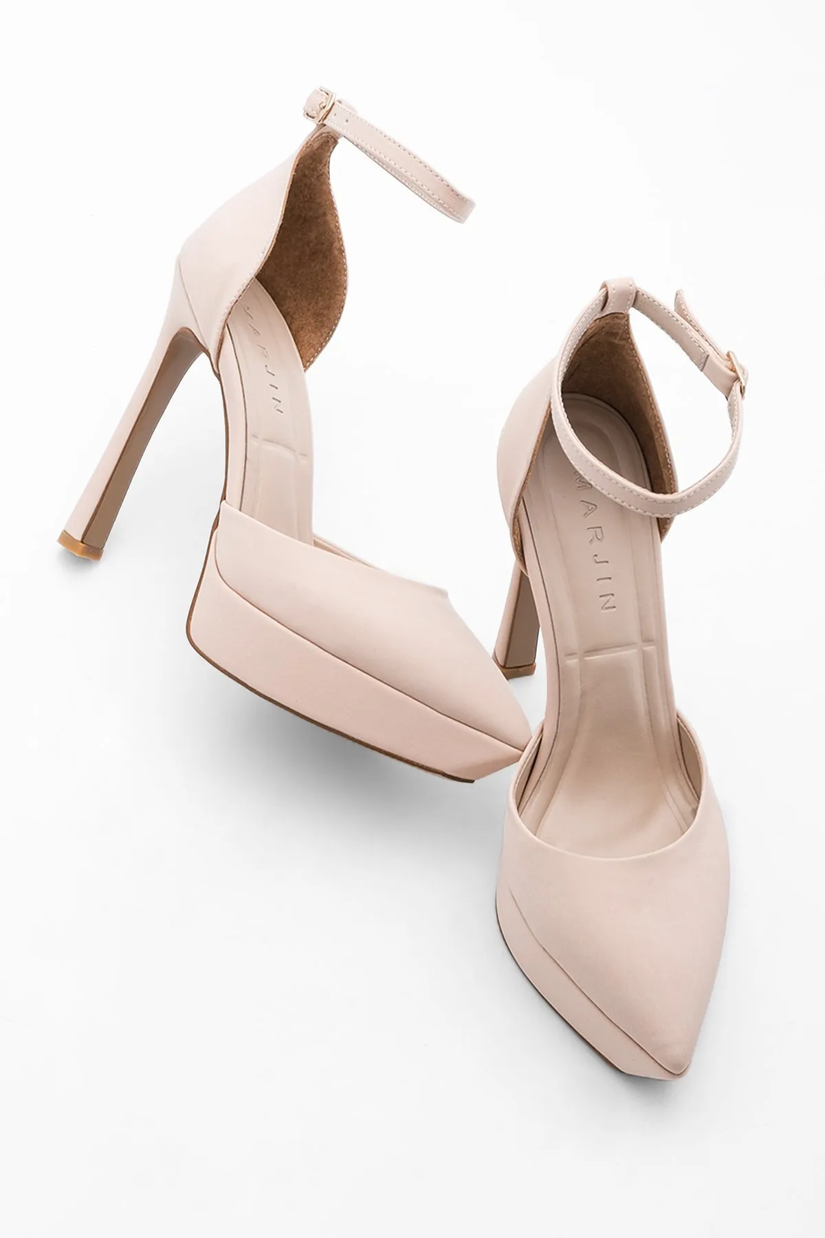 Marjin  Damen Plateau Abendschuhe mit Absatz und Knöchelriemen, spitze Zehenpartie, Tayos, Beige