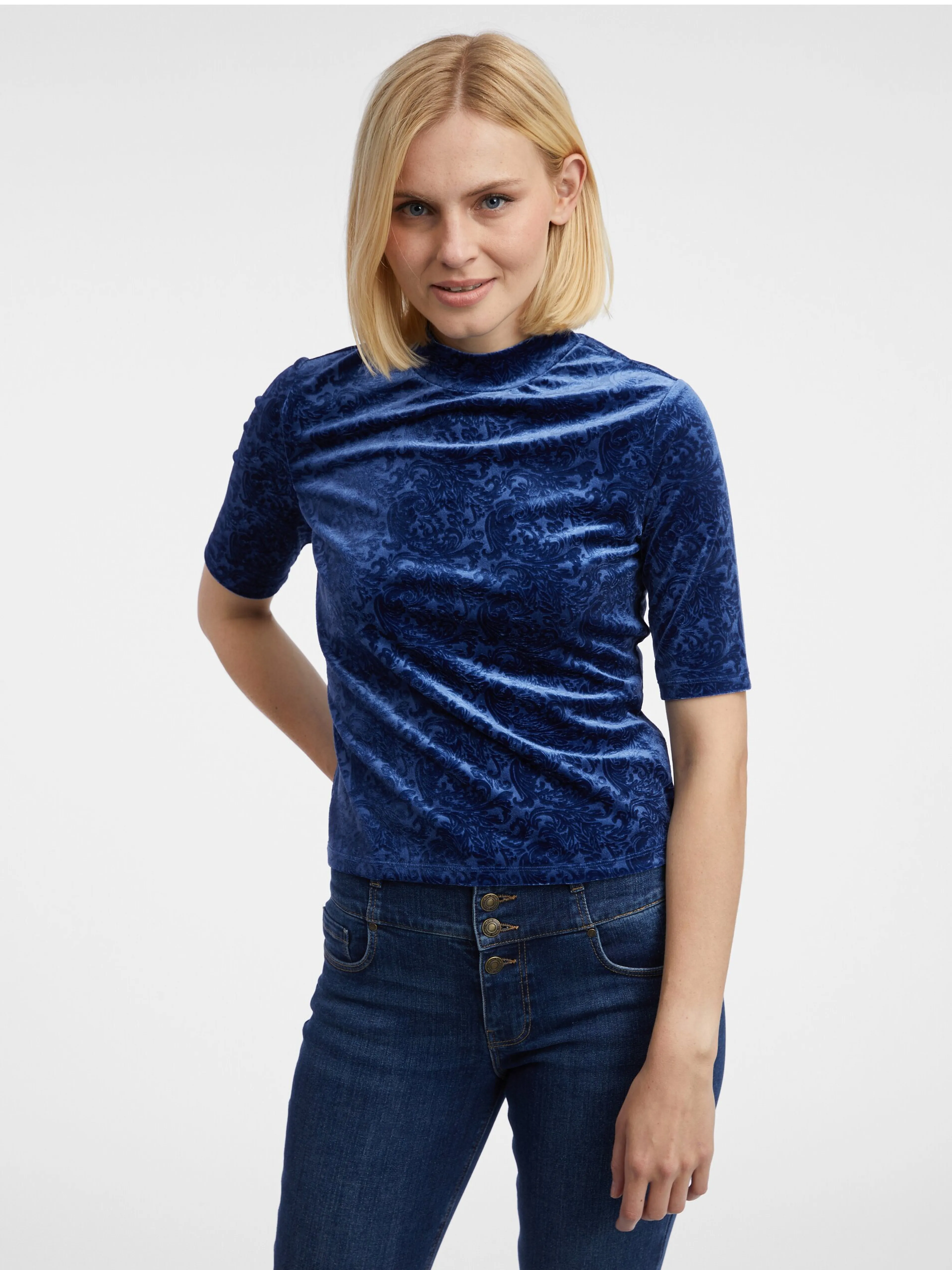 Dunkelblaues gemustertes Damen-Samt-Top ORSAY