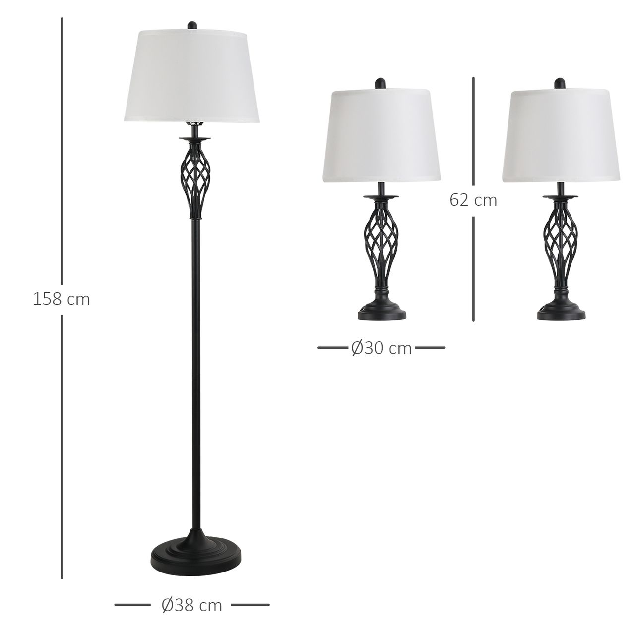HOMCOM 3er-Lampenset 2 Tischlampe(ø38 x 158 cm)   1 Stehlampe(ø30 x 62 cm) Weiß