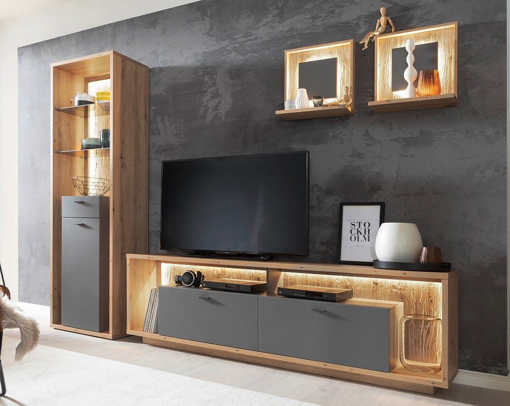 MCA furniture Wohnwand Wohnkombination 1 Lizzano, Balkeneiche / Royal Grey, 3-teilig, LED, (4-St)