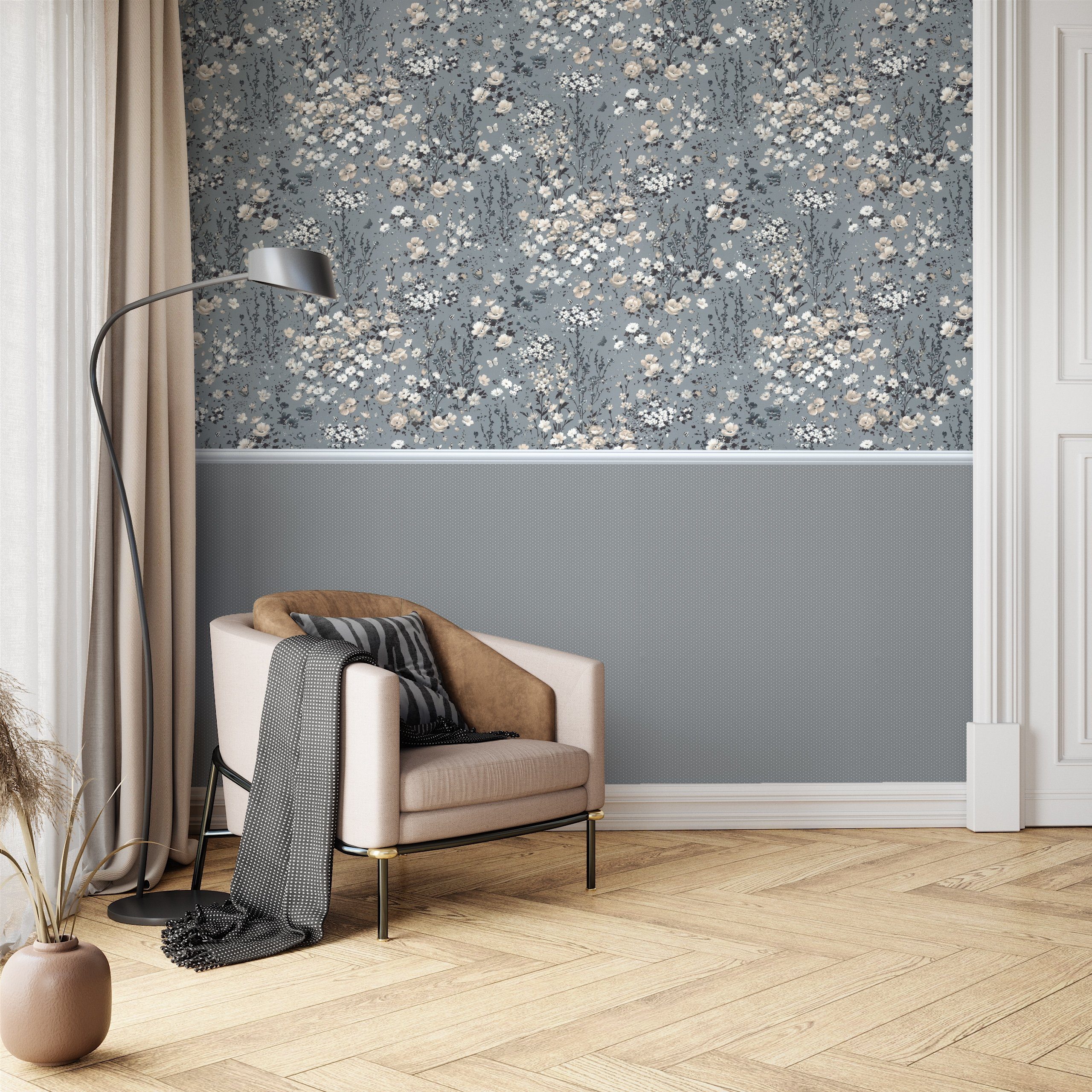 Newroom Vliestapete, Grau Tapete Landhaus Blumen - Blumentapete Beige Anthrazit Romantisch Floral Blüten Wiese für Wohnzimmer Schlafzimmer Büro