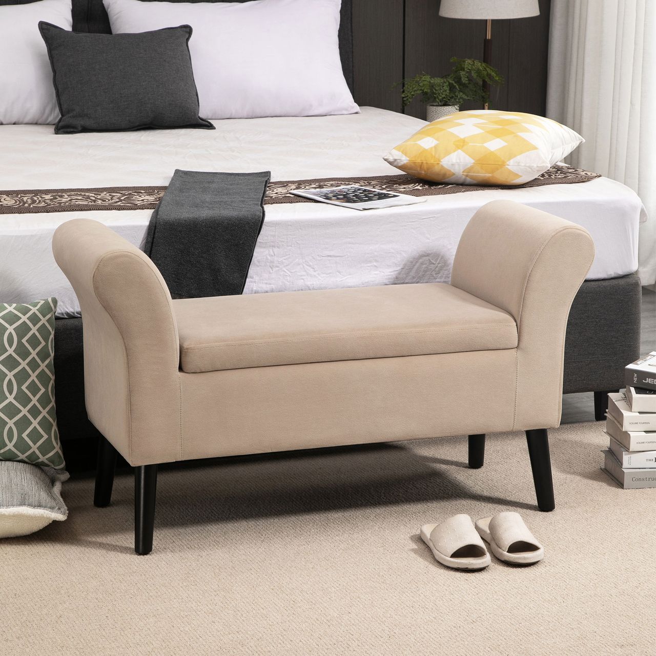 HOMCOM Sitzbank Polsterbank mit Stauraum Armlehnen Truhenbank modern Flur Schlafzimmer Wohnzimmer samtartiges Polyester Gummiholz Beige 111,5 x 41 x 65 cm