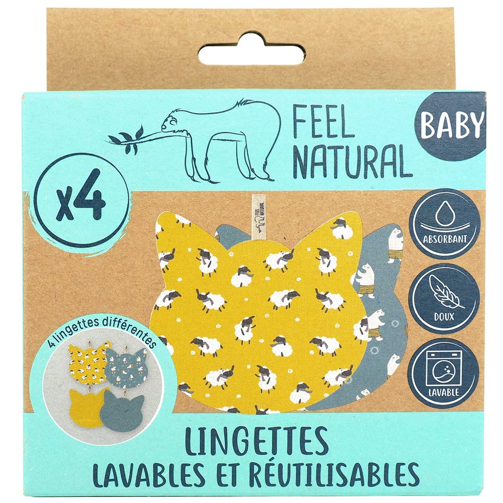feel natural Lot de 4 lingettes lavables Gustave-Olaf Lingettes lavables bébé