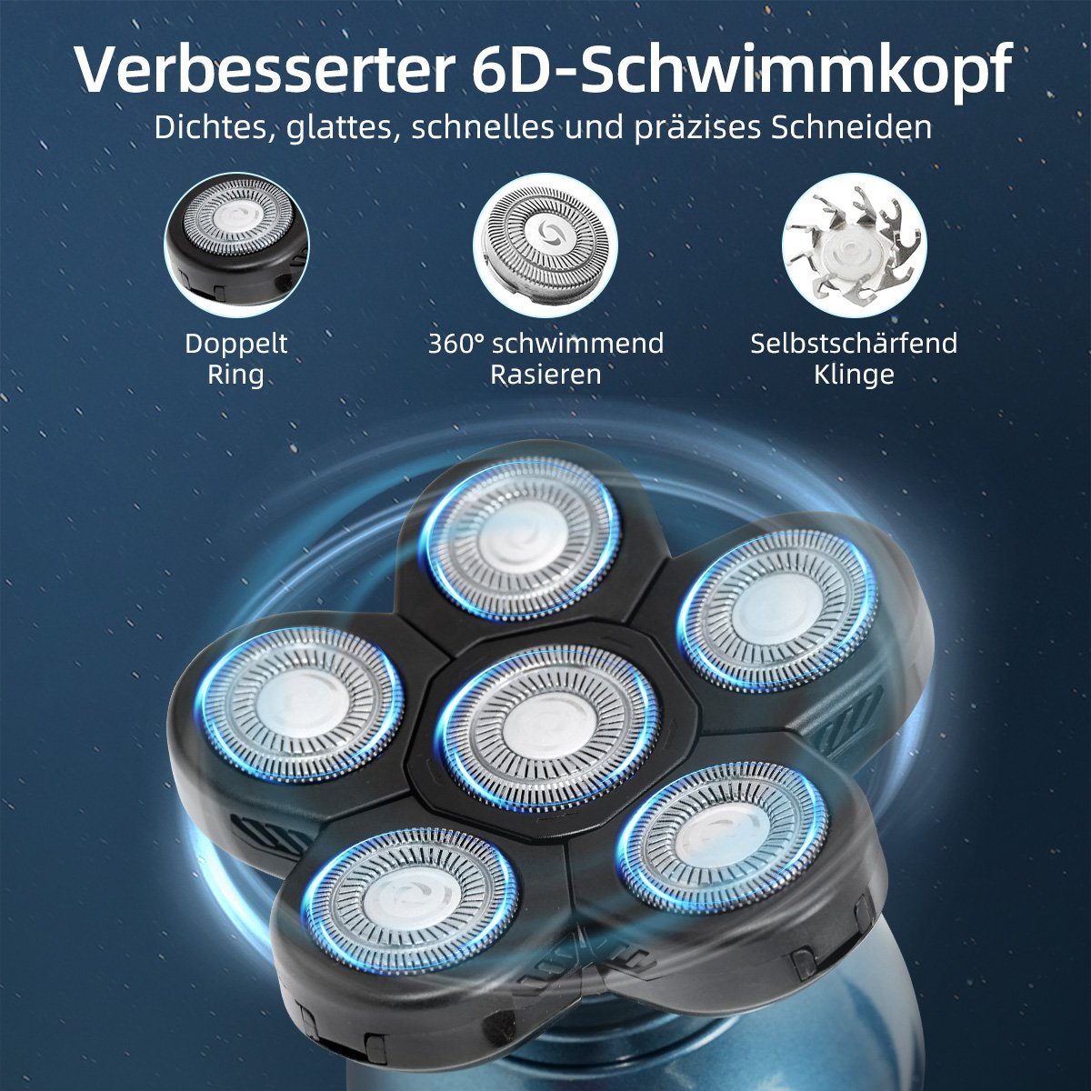 7Magic Glatzen-Rasierer Herren elektrisch Rasierer Elektrorasierer, Bartschneider, mit 6 Scherköpfe, 5 in 1 Bart Nasenhaar Trimmer Pflege Kit, IPX6 Wasserdichter, LCD Display