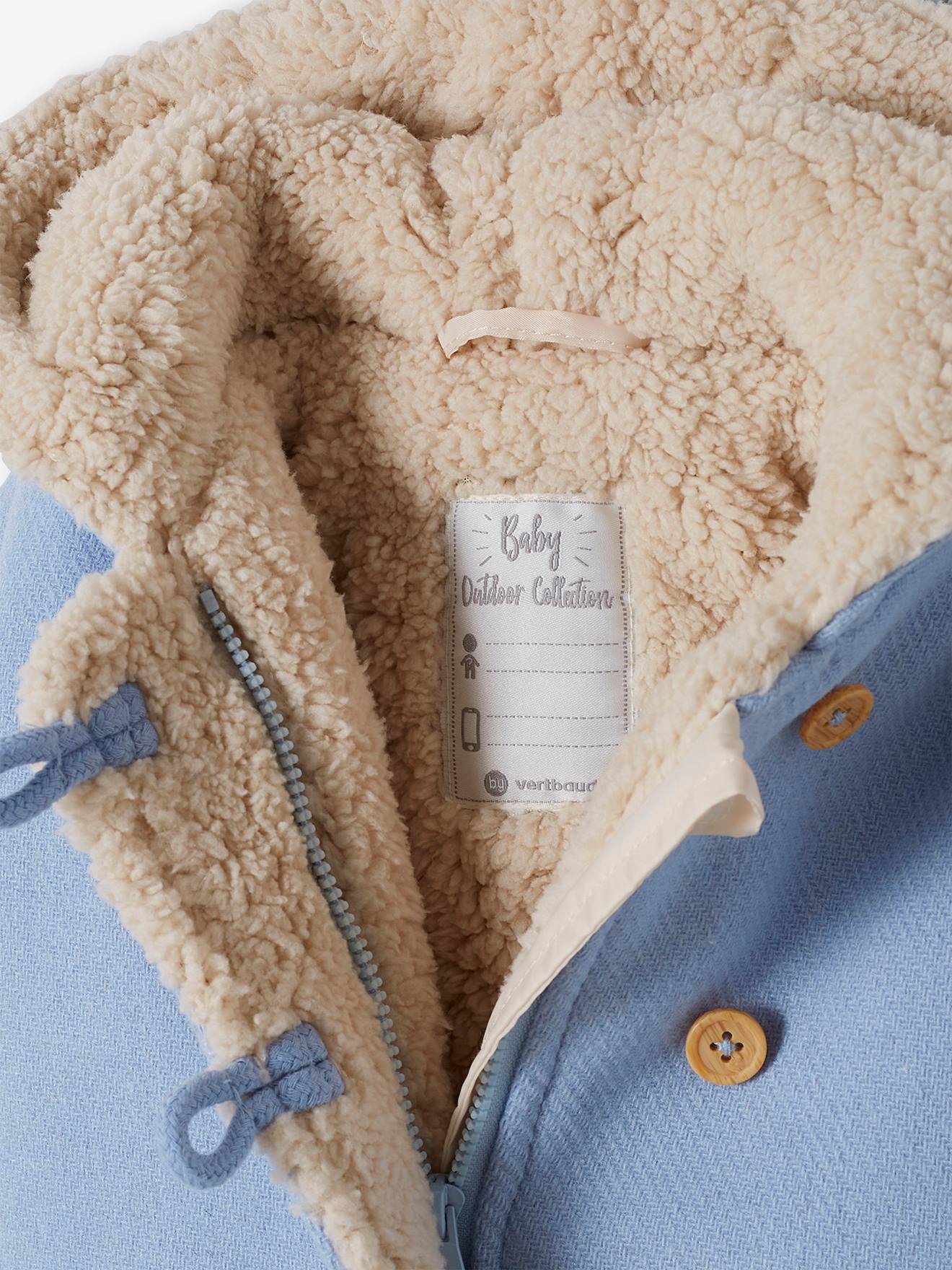 Manteau en drap de laine bébé doublé de fausse fourrure bleu ciel