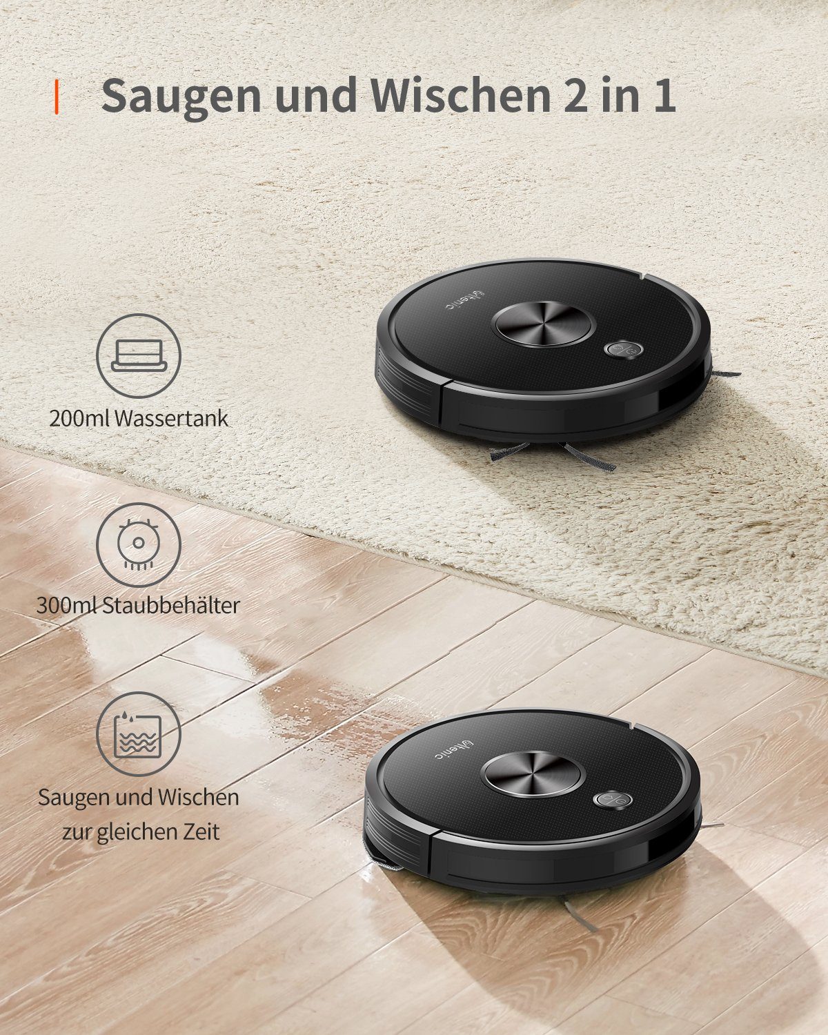 Ultenic Nass-Trocken-Saugroboter D5s Pro, 28,00 W, beutellos, 3000Pa Starke Saugleistung/Absturzsicherung/Teppich Erkennung