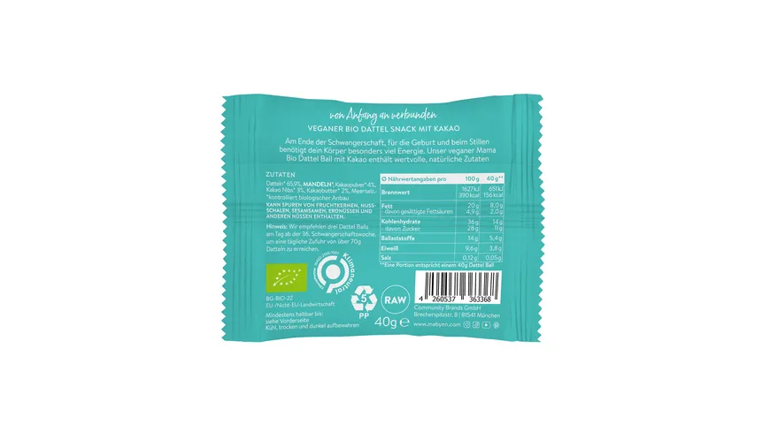 MABYEN Mama Bio Dattel Ball Kakao oder Mango 40 g