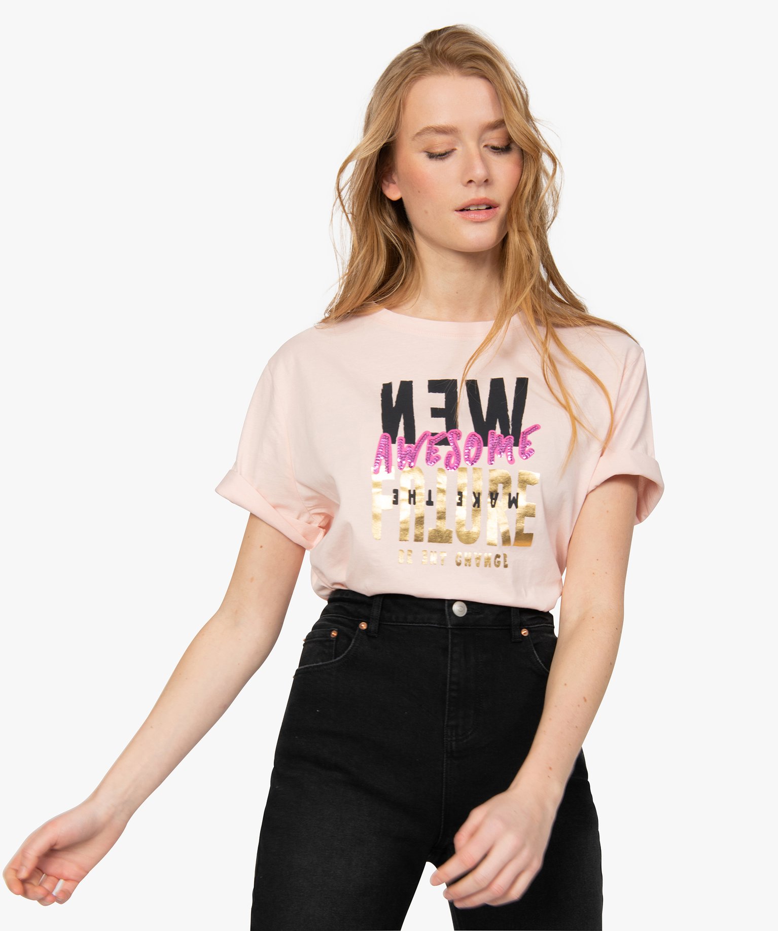 Tee-shirt femme ample à motif brillant rose | GEMO