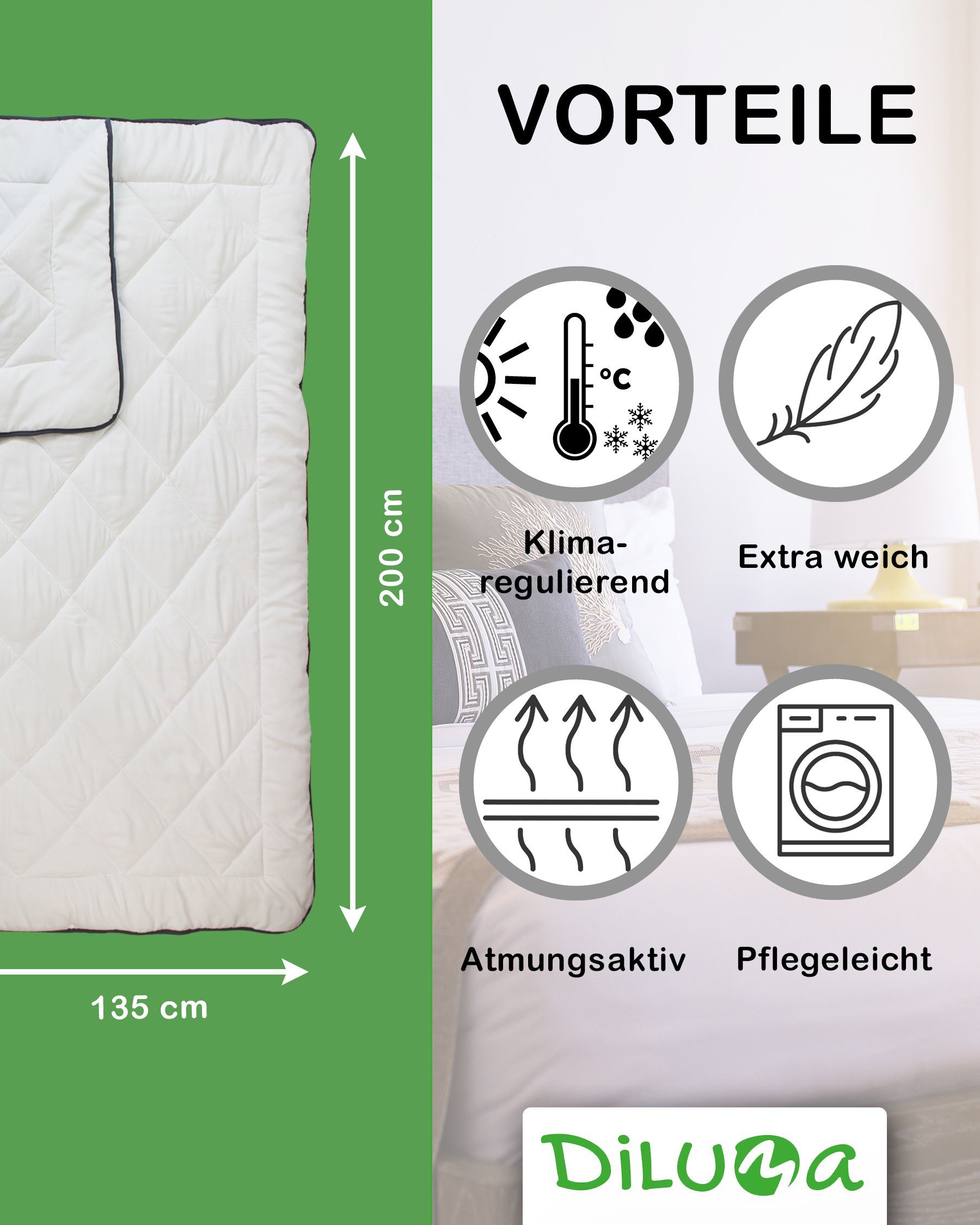 4-Jahreszeitenbett, 4-Jahreszeiten Bettdecke Comfort 135x200 cm Vierjahreszeitendecke, DILUMA, Füllung: 100% Kunstfaser, Bezug: 100% Polyester Mikrofaser, 4-Jahreszeitenbett, Atmungsaktiv, Klimaregulierend, Allergikergeeignet