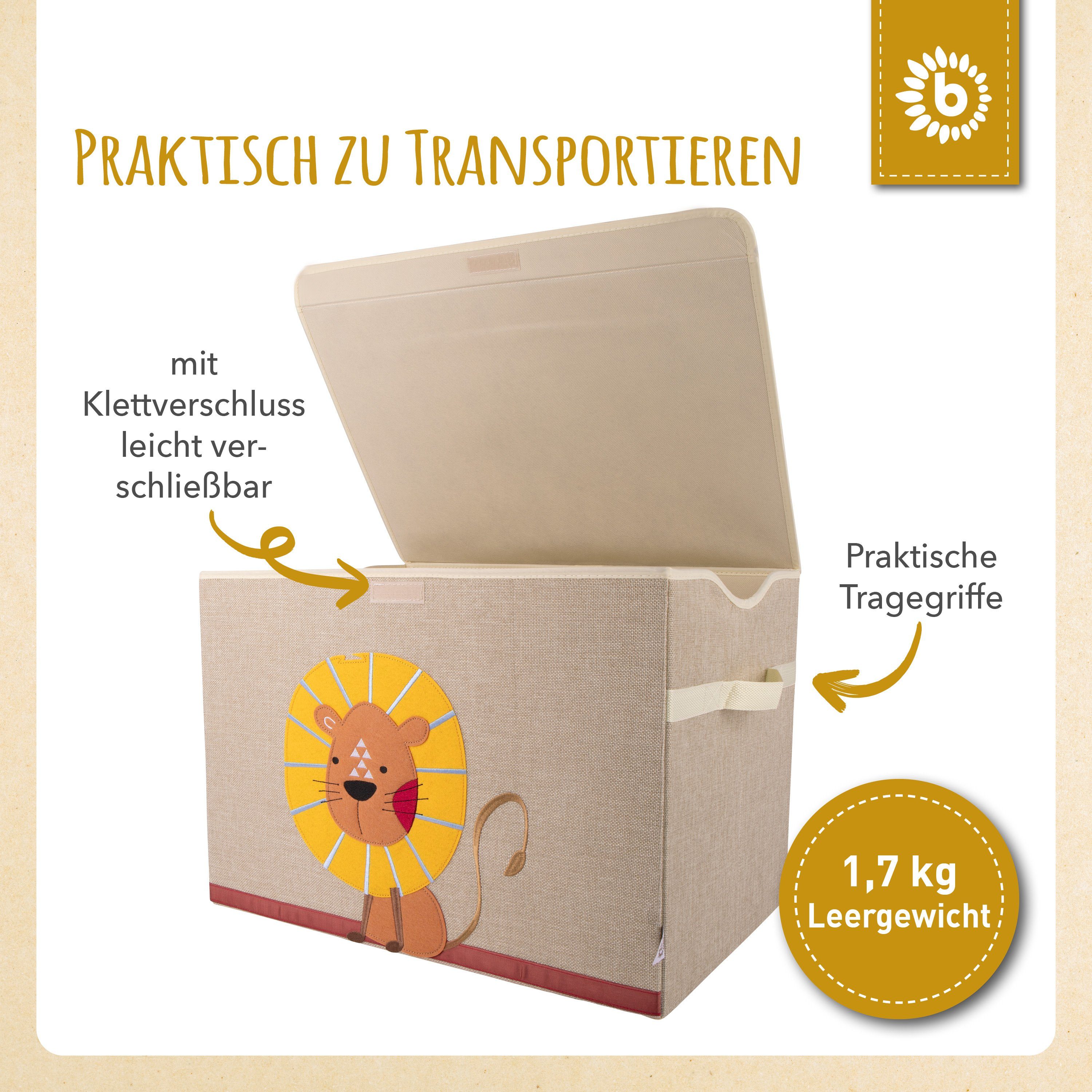BIECO Spielzeugtruhe Bieco Aufbewahrungsbox mit Deckel 65L faltbar ca. 36x36x51cm Spielzeugkiste mit Deckel Aufbewahrungsbox Kinder Kisten mit Deckel Aufbewahrungsbox Groß Wickeltisch Organizer Löwen Motiv