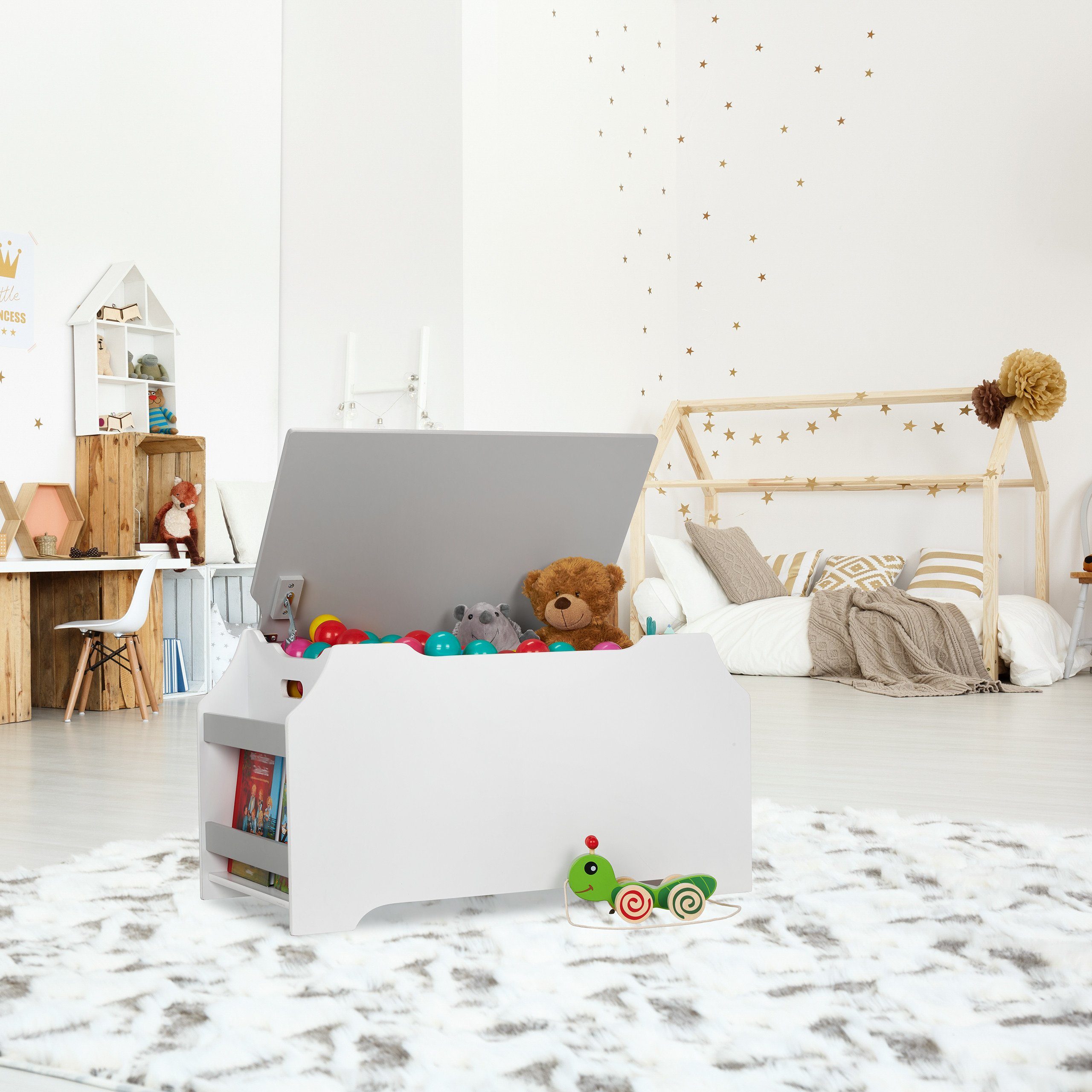 relaxdays Spielzeugtruhe Spielzeugtruhe mit Bücherfächern