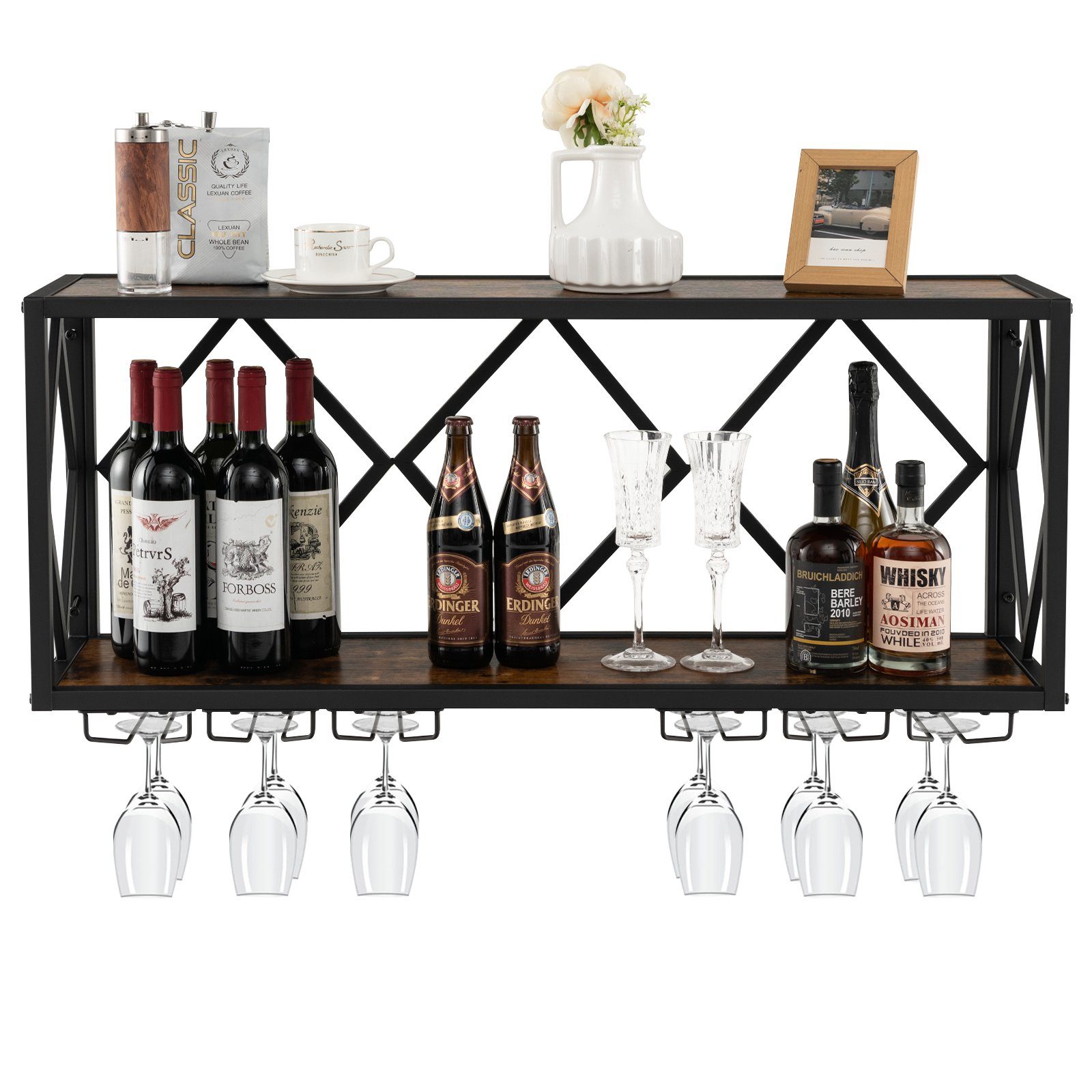 COSTWAY Weinregal, Wand, 2 Ebenen, Metall, 39 Flaschen&12 Gläser, 100x25x45cm