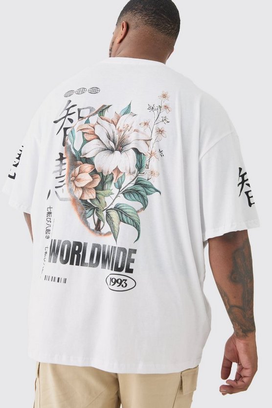 Plus T-Shirt mit floralem Ärmel-Print in Weiß
