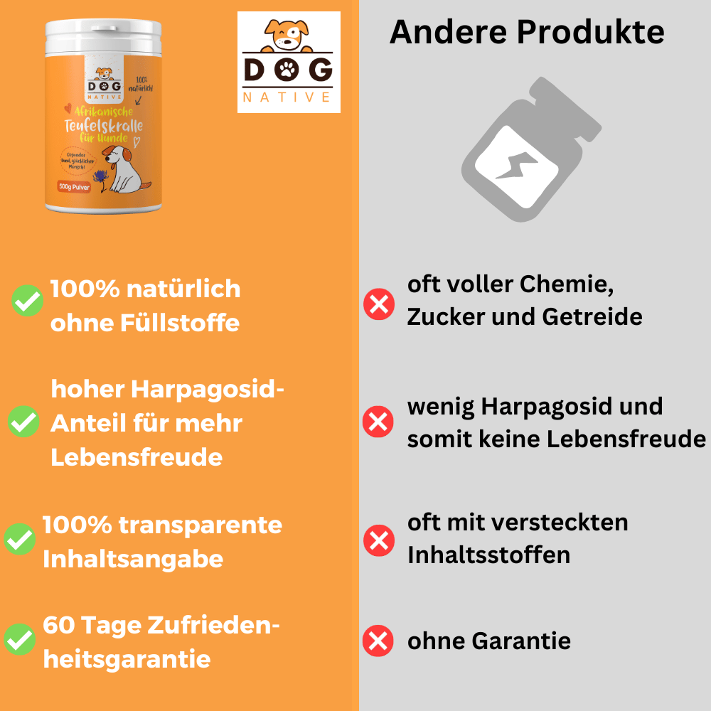 Dog-Native Ergänzungsfutter & Aufzucht Dog-Native Teufelskralle Pulver für Hunde, aus Namibia (1,3% Harpagosid), 500g