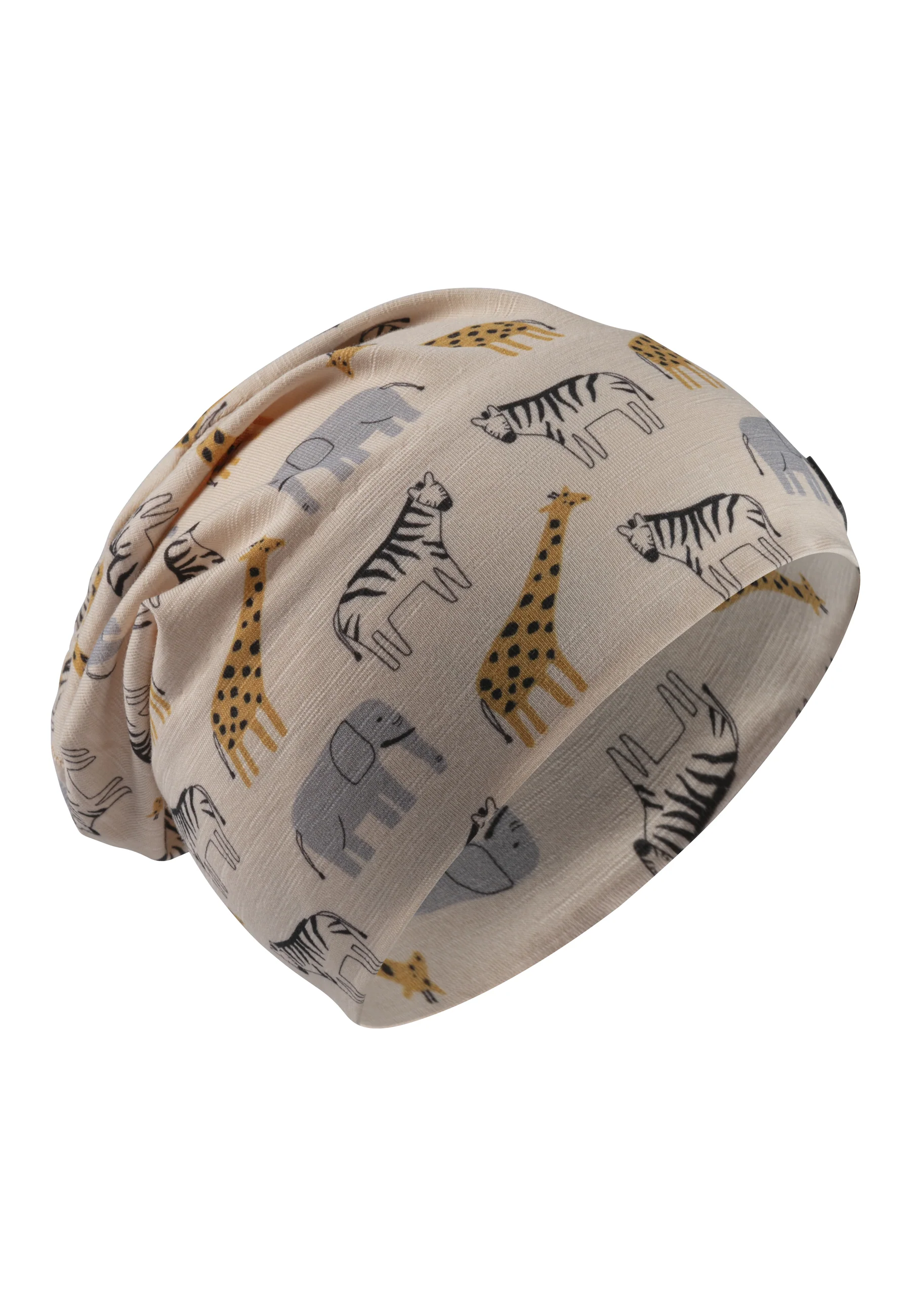 Beanie bedruckt mit Safari-Tieren in beige