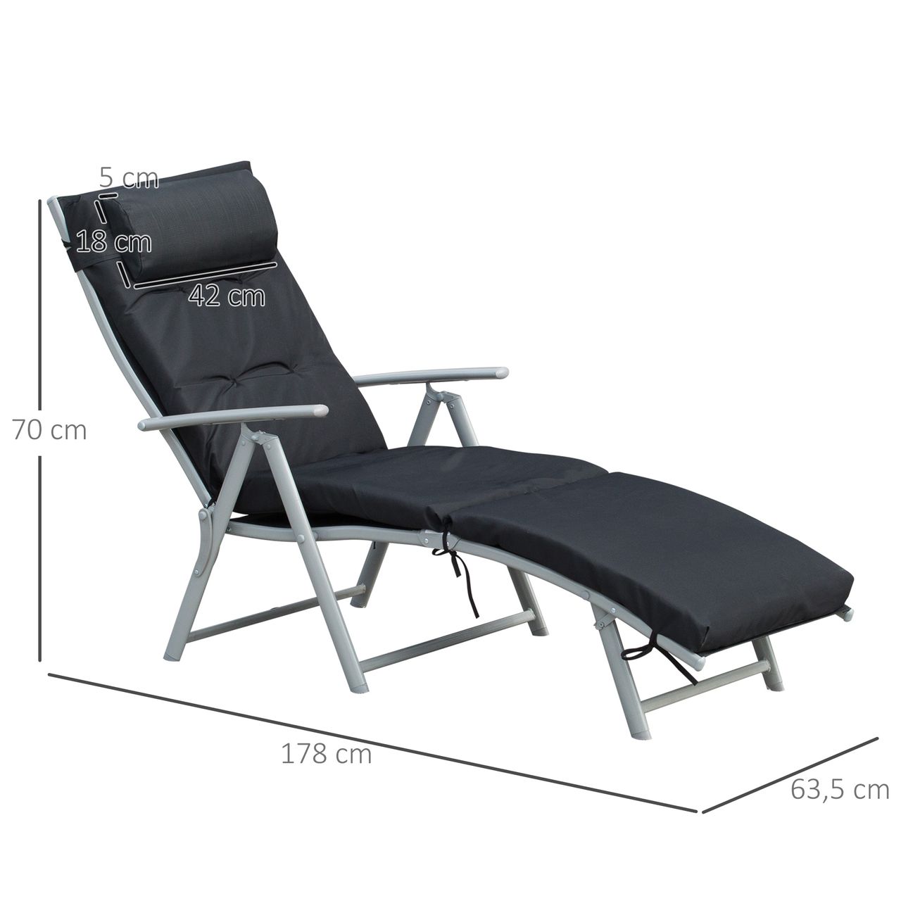 Outsunny Sonnenliege mit Kissen Klappbare Strandliege Gartenliege 7-stufig verstellbare Rückenlehne Relaxliege Metall Textilene Schwarz 137 x 63,5 x 100,5 cm