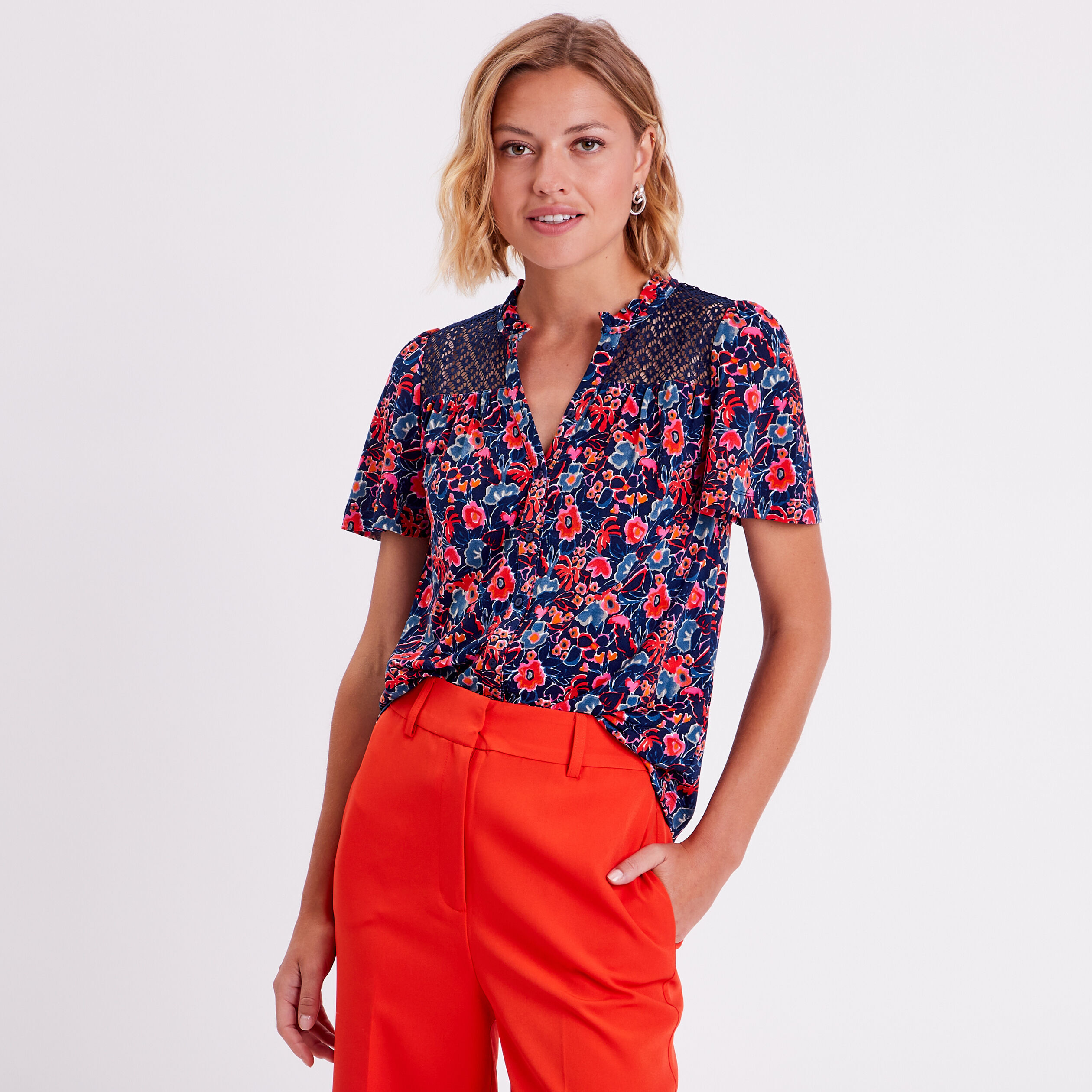 Blouse détails dentelle bleu marine femme | Cache Cache