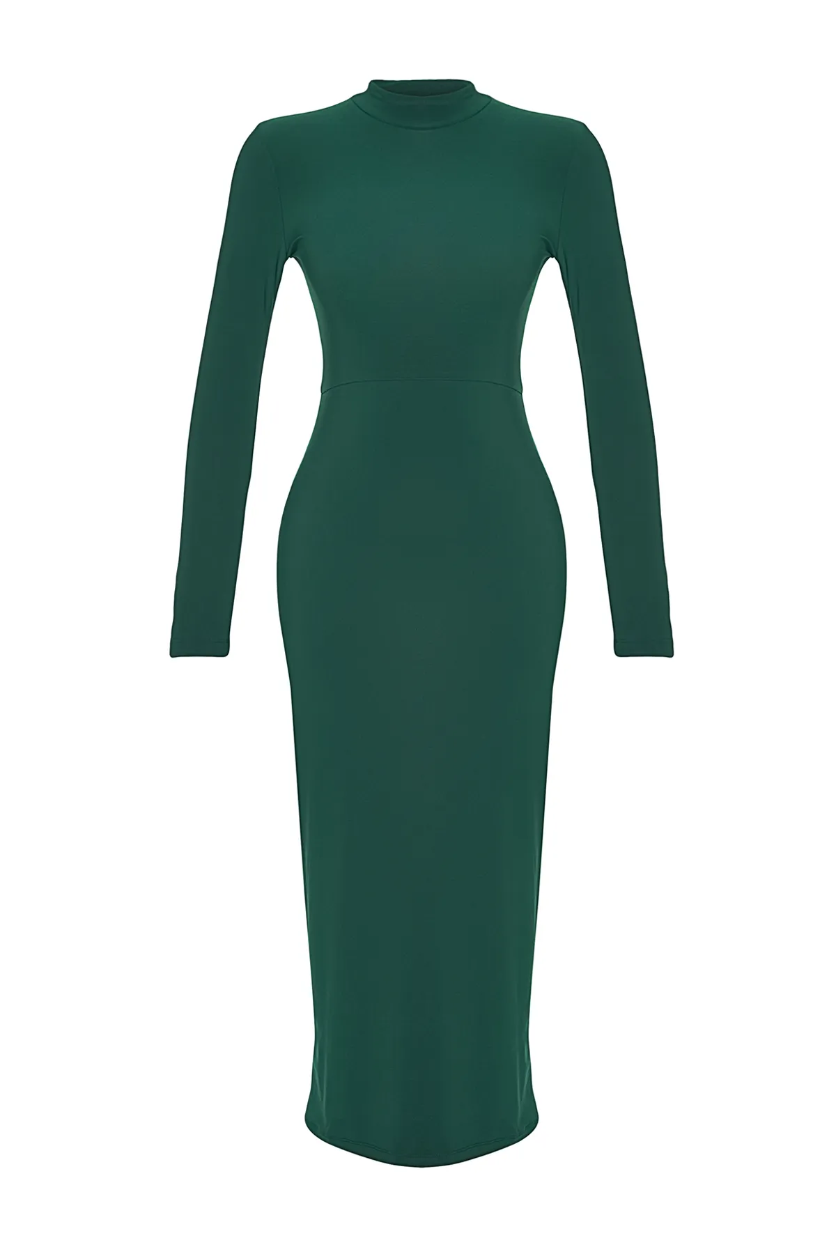 Trendyol Collection  Smaragdgrünes, eng anliegendes, dehnbares Maxi-Strickkleid mit hohem Kragen TWOAW24EL00614