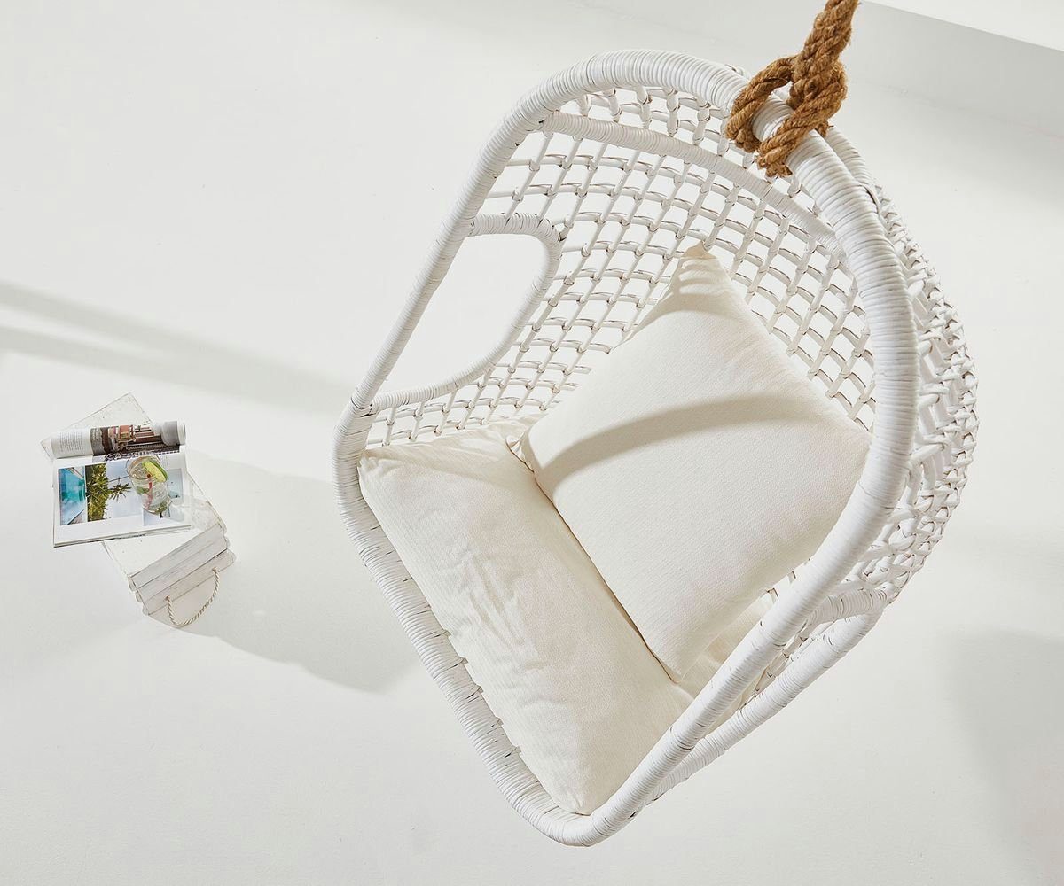 DELIFE Gartensessel Edessa, aus weißem Rattan mit Kissen weiß Hängesessel