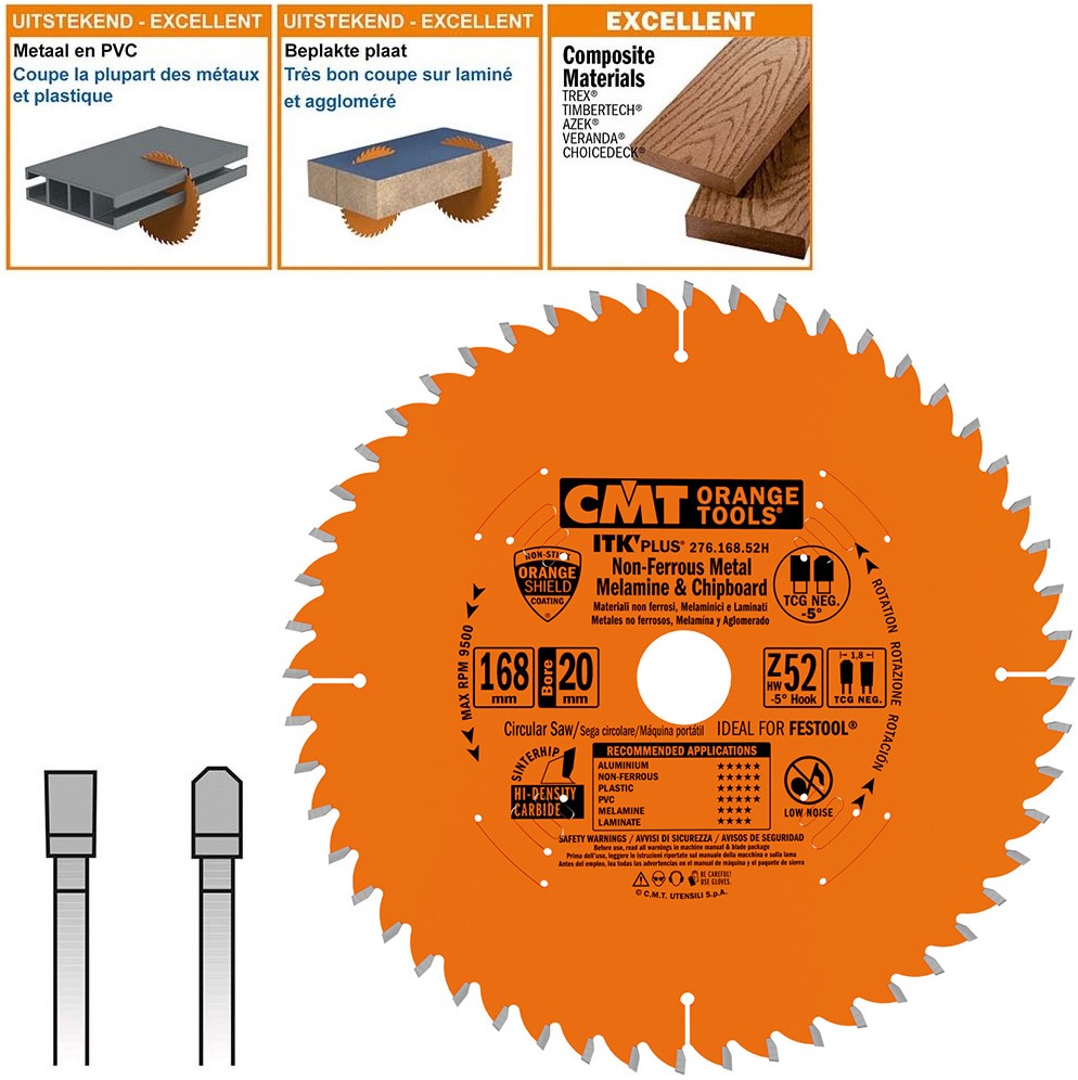 CMT 276.168.52H ITK-Plus šķērsgriezuma zāģa asmens krāsainajiem metāliem un kompozītmateriāliem 168 x 20 x 1,2 x 52 zobu
