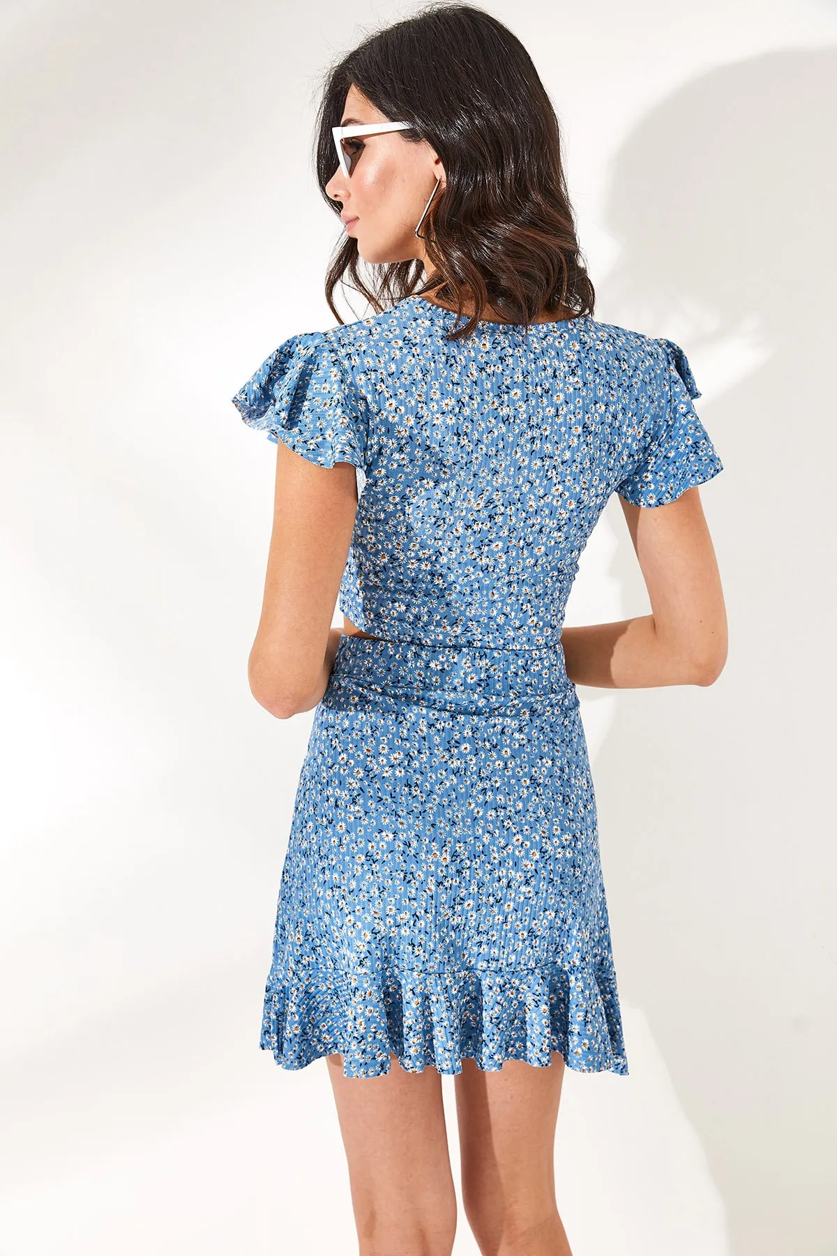 Olalook  Damen Set mit Wickelrock, Unterteil und Oberteil in Indigoblau mit Blumenmuster TKM-19000140