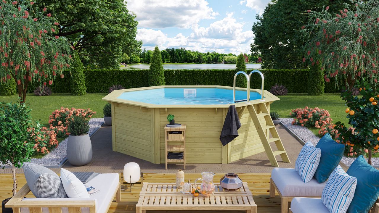 Karibu Outdoor Pool 400 x 400 cm Modell X1 Set inkl. Innenhülle, Skimmer & Filteranlage - Kesseldruckimprägniert