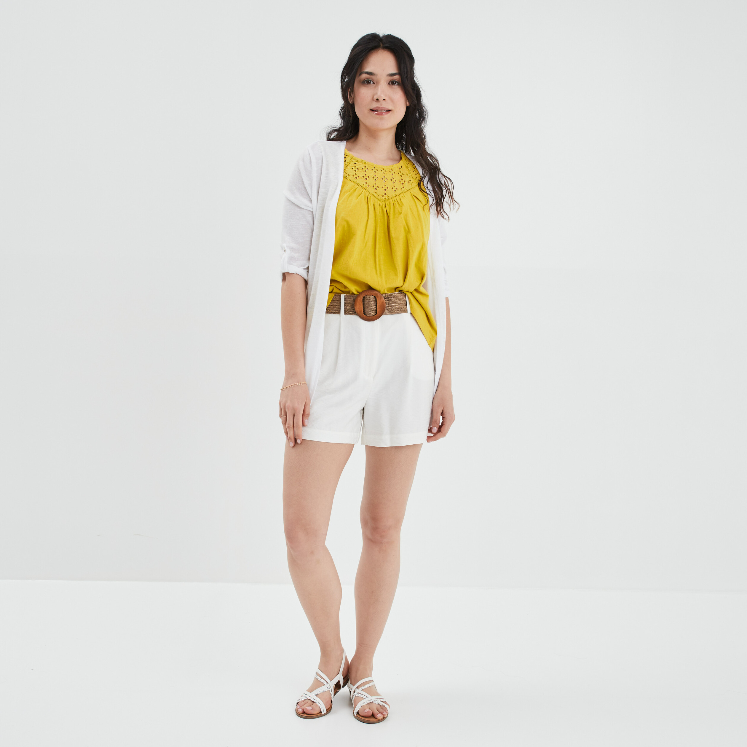 Débardeur broderie anglaise et fente jaune femme | La Halle