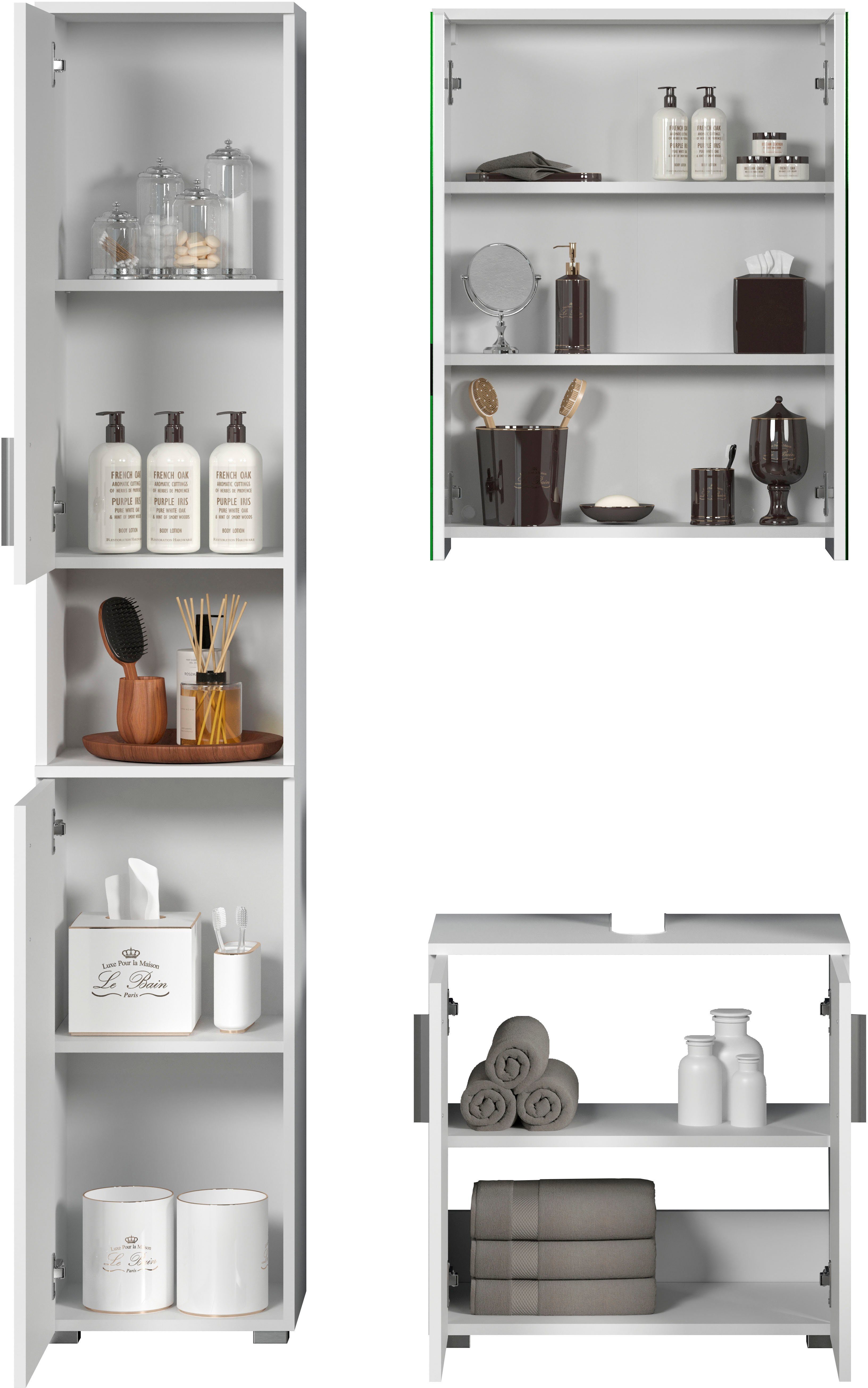 welltime Badezimmer-Set Prag, (Set, 3-St), Hochschrank, Waschbeckenunterschrank & Spiegelschrank