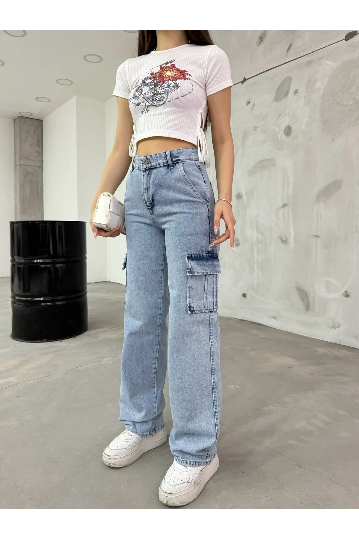 BİKELİFE  Hellblaue Cargohose mit hoher Taille und weitem Bein für Damen