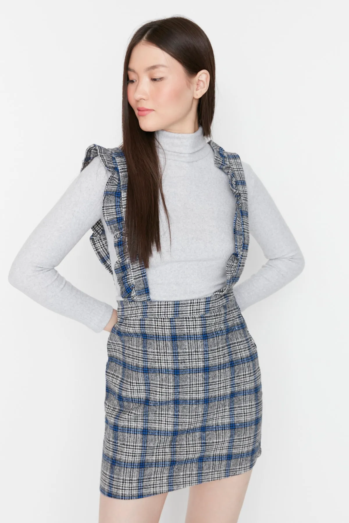 Trendyol Collection  Graues, kariertes Mini-Weste-Webkleid TWOAW20EL0292
