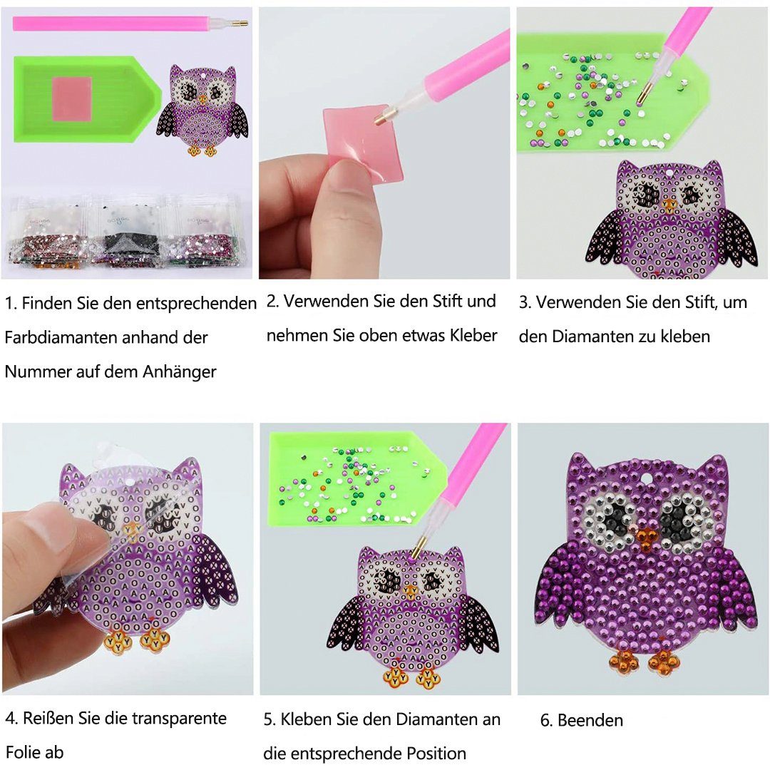 SOTOR Mosaikfliesen 5 Stücke DIY 5D Eule Diamond Art Painting Keychain, Rhinestone Pasted, A, Diamant Malerei Schlüsselbund Stickerei Kunst Handwerk