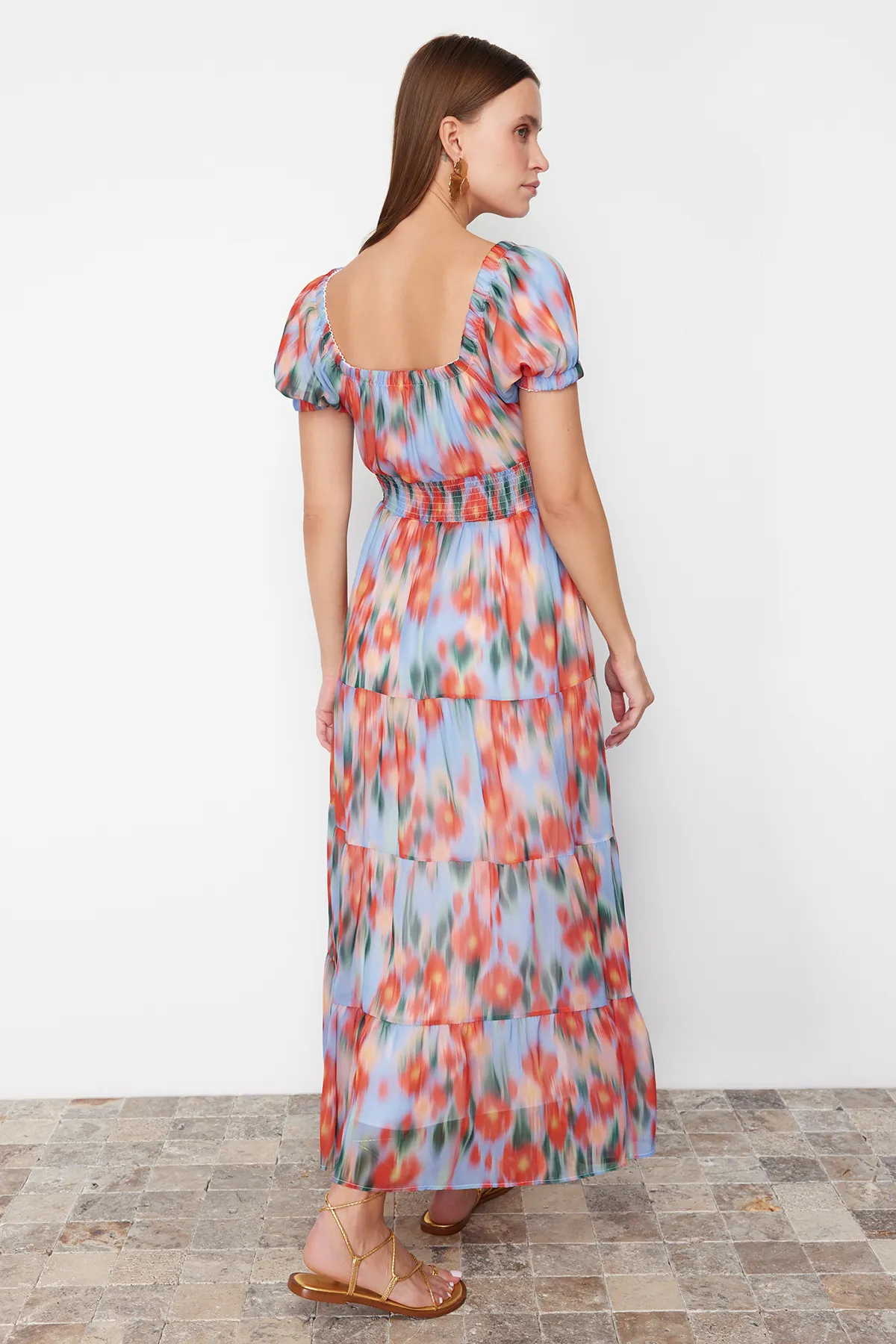 Trendyol Collection  Blauer Blumendruck - Gipe Detailliertes A-Linien-Maxikleid TWOSS24EL00807
