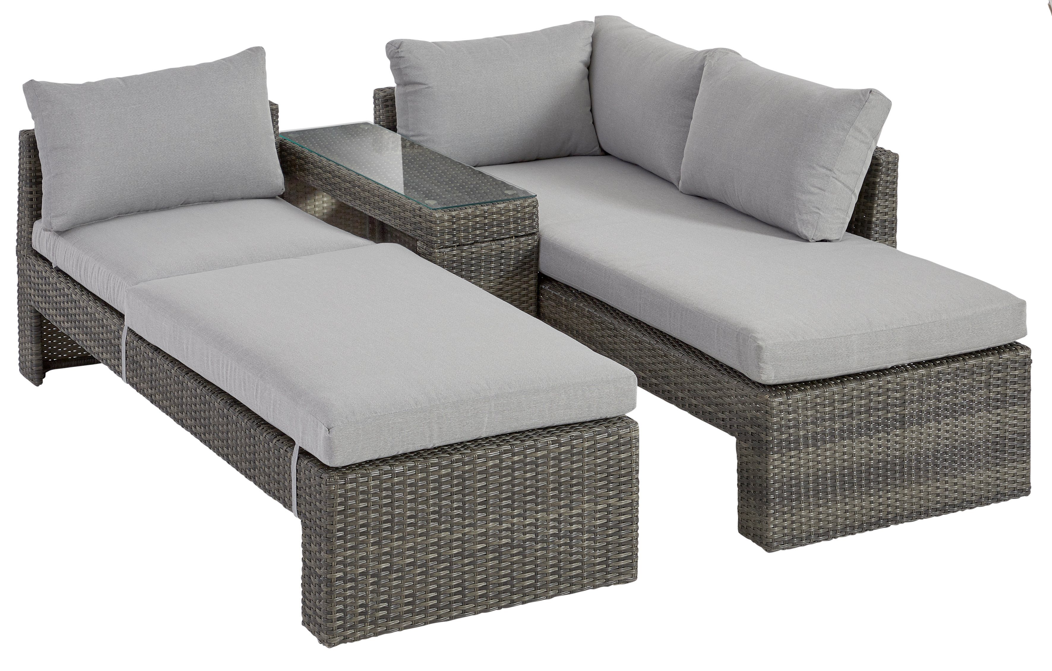 KONIFERA Gartenlounge-Set Parga, (Set, 4-tlg., 2x Sofa, 2x Tisch, Stahl, Polyrattan), verstellbares Kopfteil, inkl. Auflagen