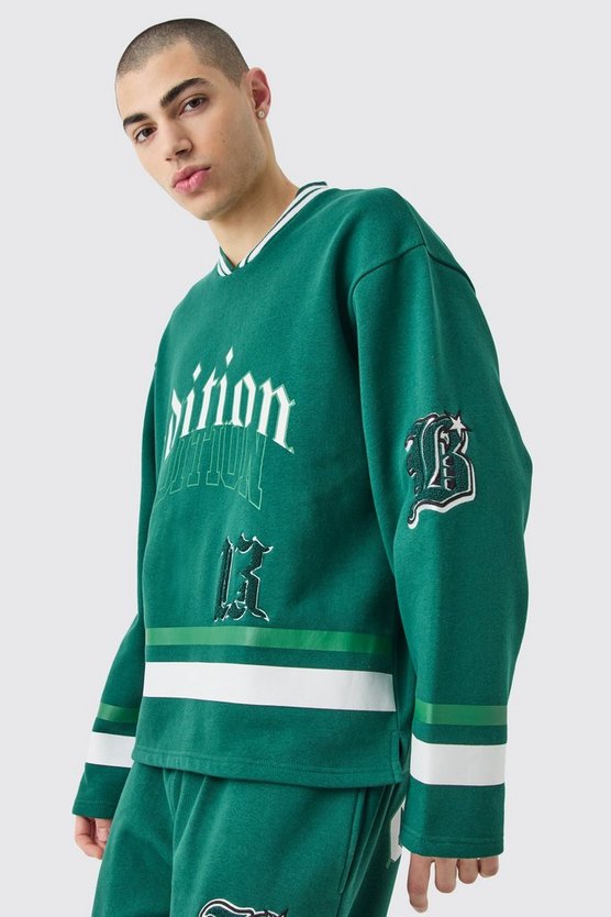 Oversize Sweatshirt-Trainingsanzug mit V-Ausschnitt und Applikation
