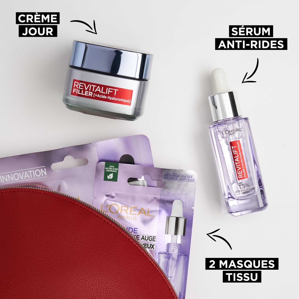 L'Oréal Paris Revitalift Filler Trousse Routine Acide Hyaluronique Pur Sérum, Crème de Jour, 2 Masques Tissu