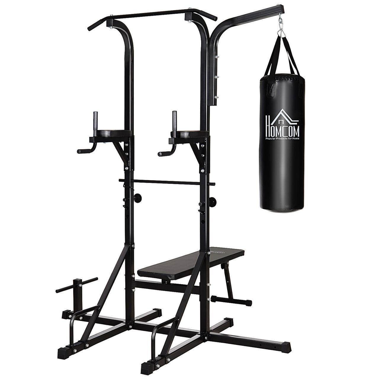 HOMCOM Kraftstation mit Klimmzugstange, Multifunktionale Dip-Station, Trainings-Gerät für Zuhause, mit Boxsack, Fitness, Stahl, Schwarz, 180 x 183 x 219 cm
