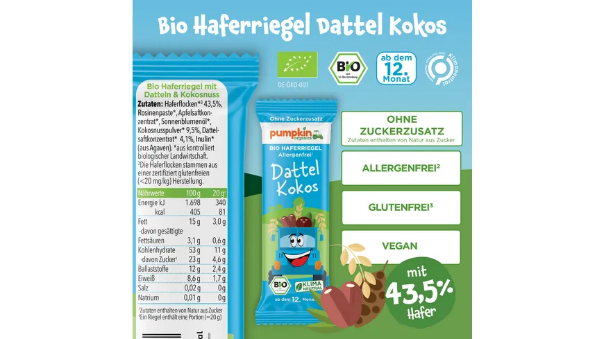 pumpkin organics Bio Haferriegel mit Dattel & Kokos 20 g