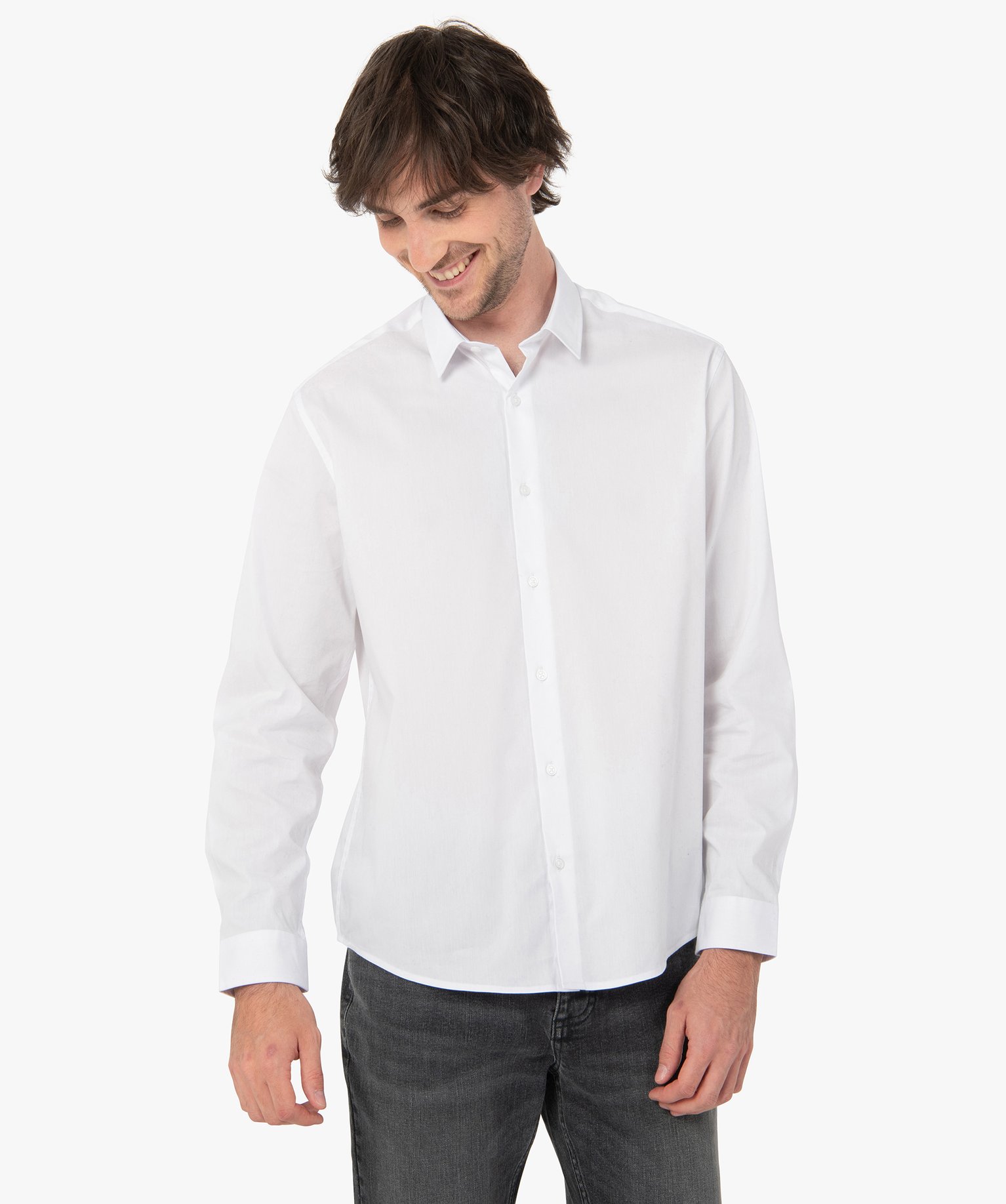 Chemise homme à manches longues coupe Regular en coton stretch blanc | GEMO