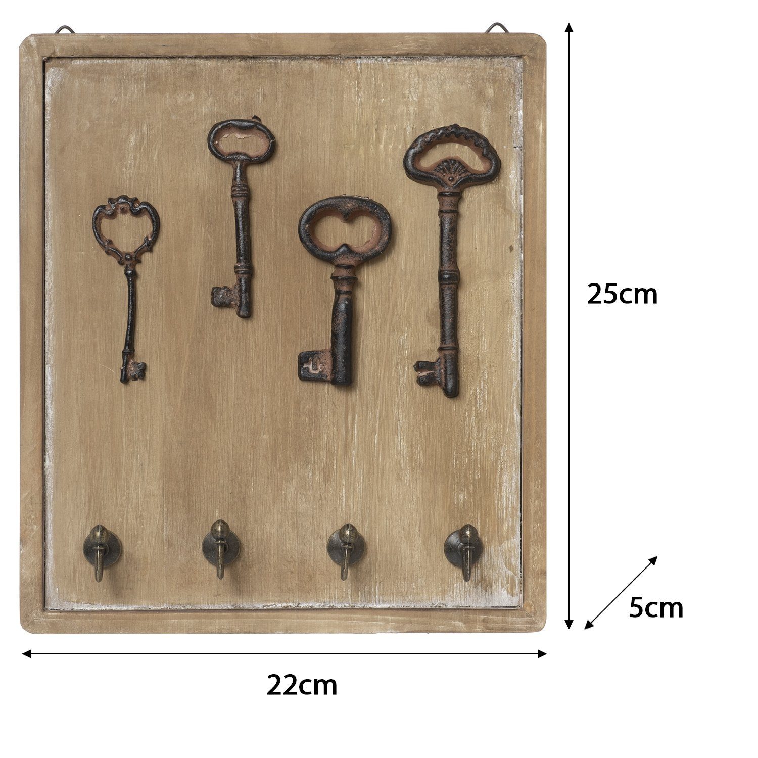 Moritz Schlüsselbrett 22x25cm Antike Schlüssel 4 Haken braun, Schlüsselkasten Vintage Schlüsselbox Schlüsselleiste Schlüsselhaken