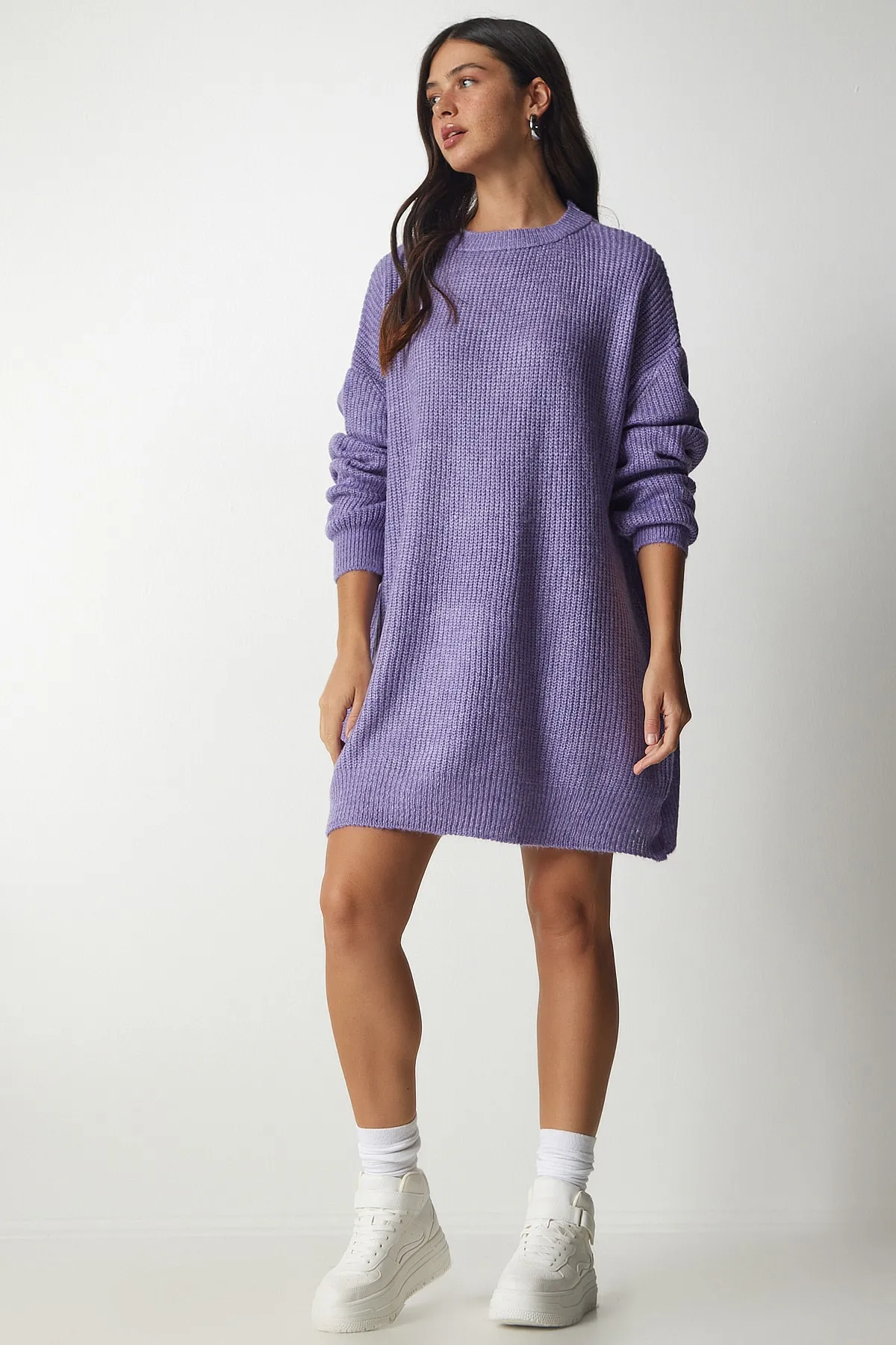 Happiness İstanbul  Lilafarbener, langer Basic-Strickpullover für Damen in Übergröße BV00099